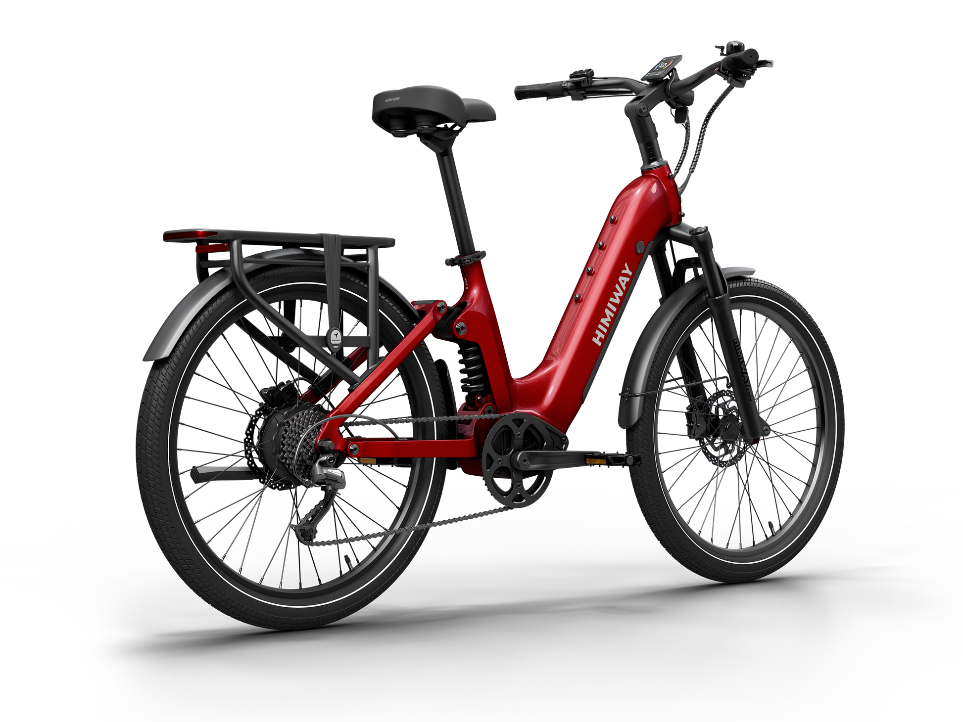 Himiway A7 Commuter Step-Through full suspension electric bike in Red,  rear-right-three-quarter view