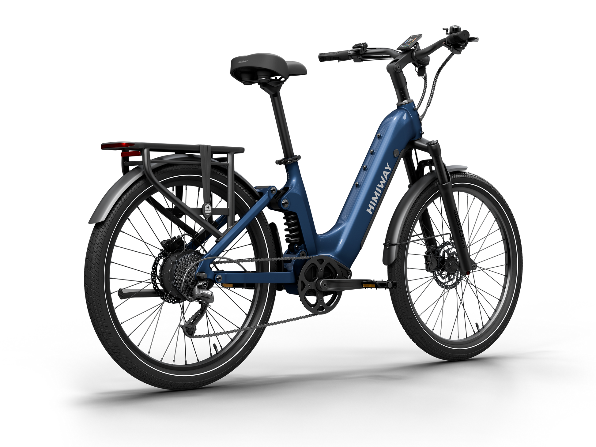 Himiway A7 Commuter Step-Through full suspension electric bike in Midnight Blue,  rear-right-three-quarter view