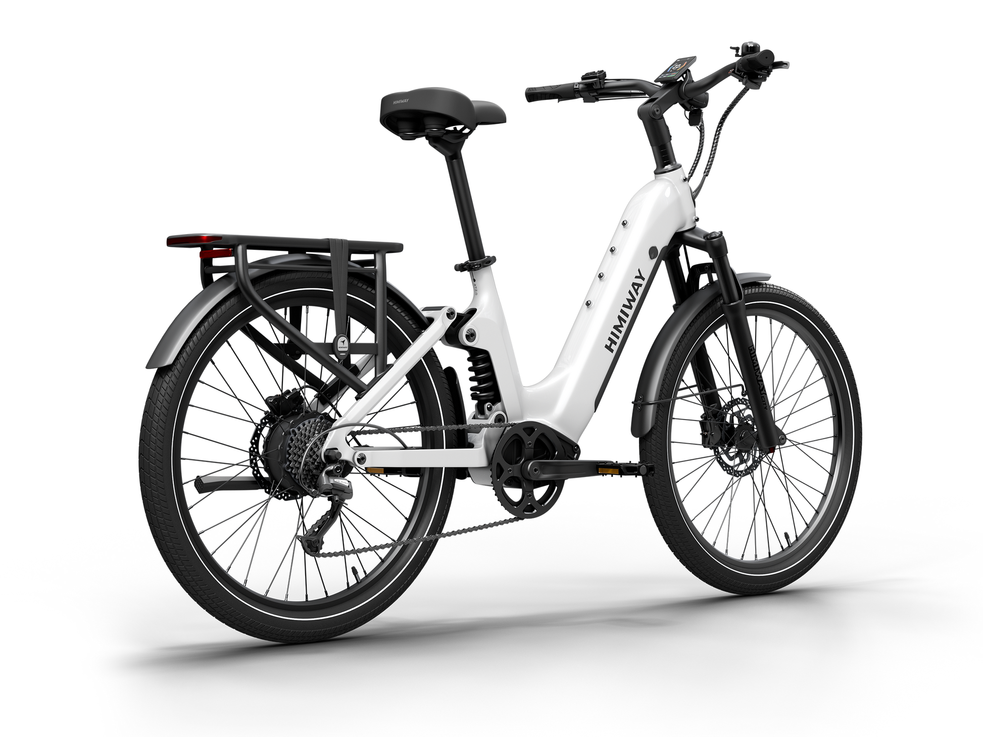 Himiway A7 Commuter Step-Through full suspension electric bike in White,  rear-right-three-quarter view