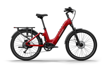 Himiway A7 Commuter Step-Through full suspension electric bike in Red, left side view.