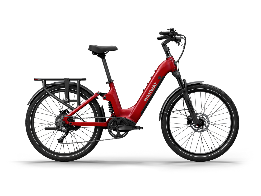 Himiway A7 Commuter Step-Through full suspension electric bike in Red, left side view.