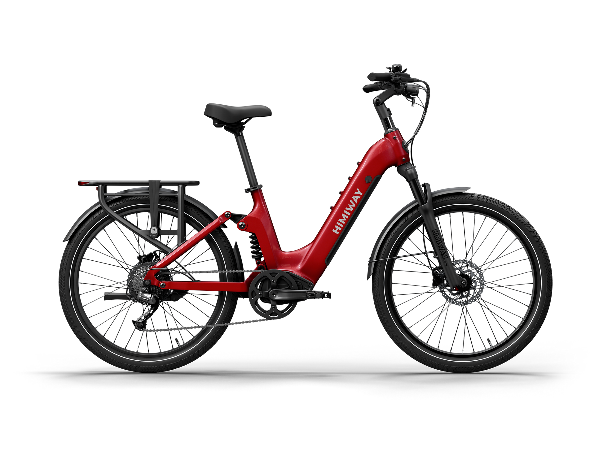 Himiway A7 Commuter Step-Through full suspension electric bike in Red, left side view.