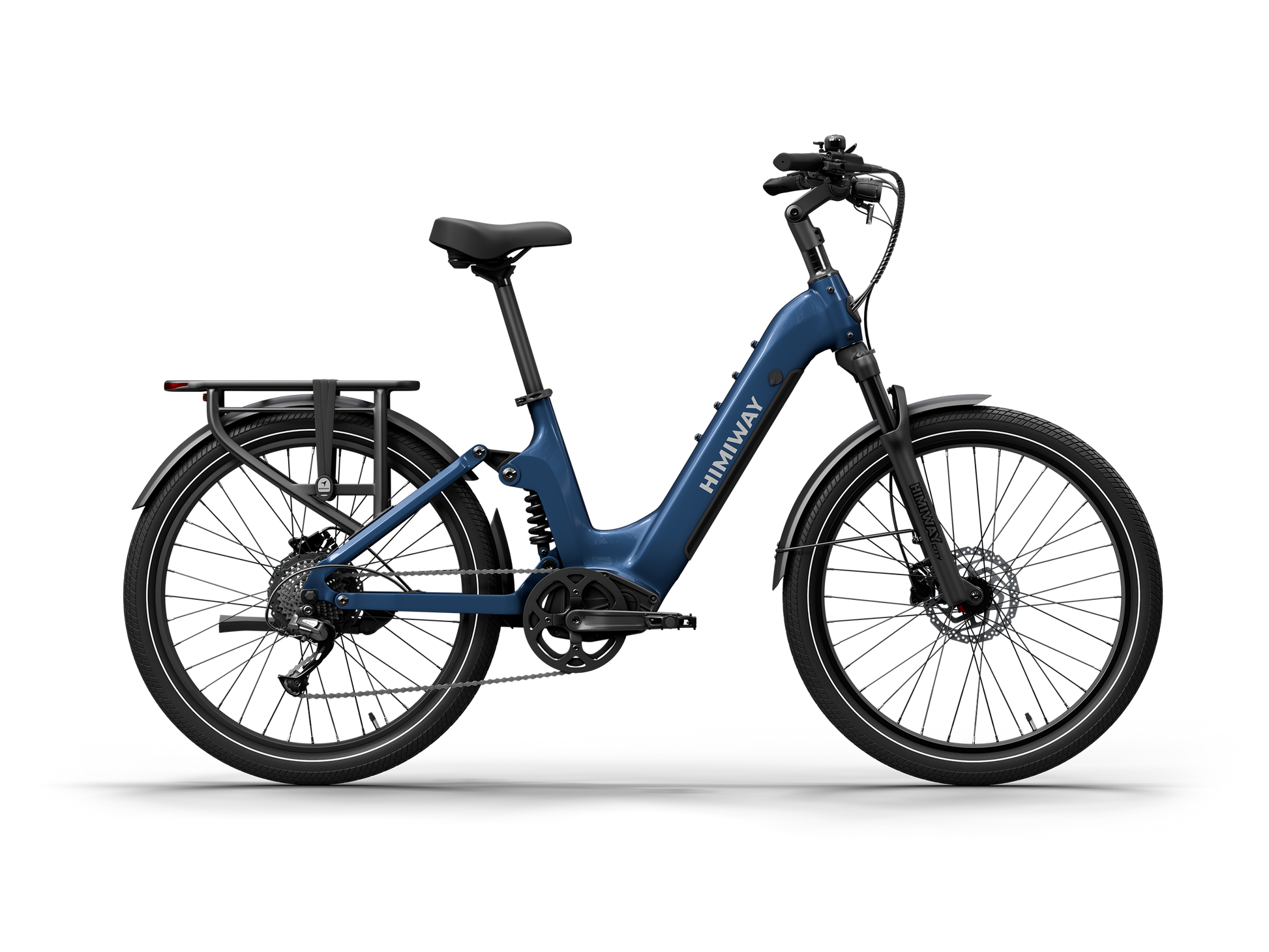 Himiway A7 Commuter Step-Through full suspension electric bike in Midnight Blue, left side view.