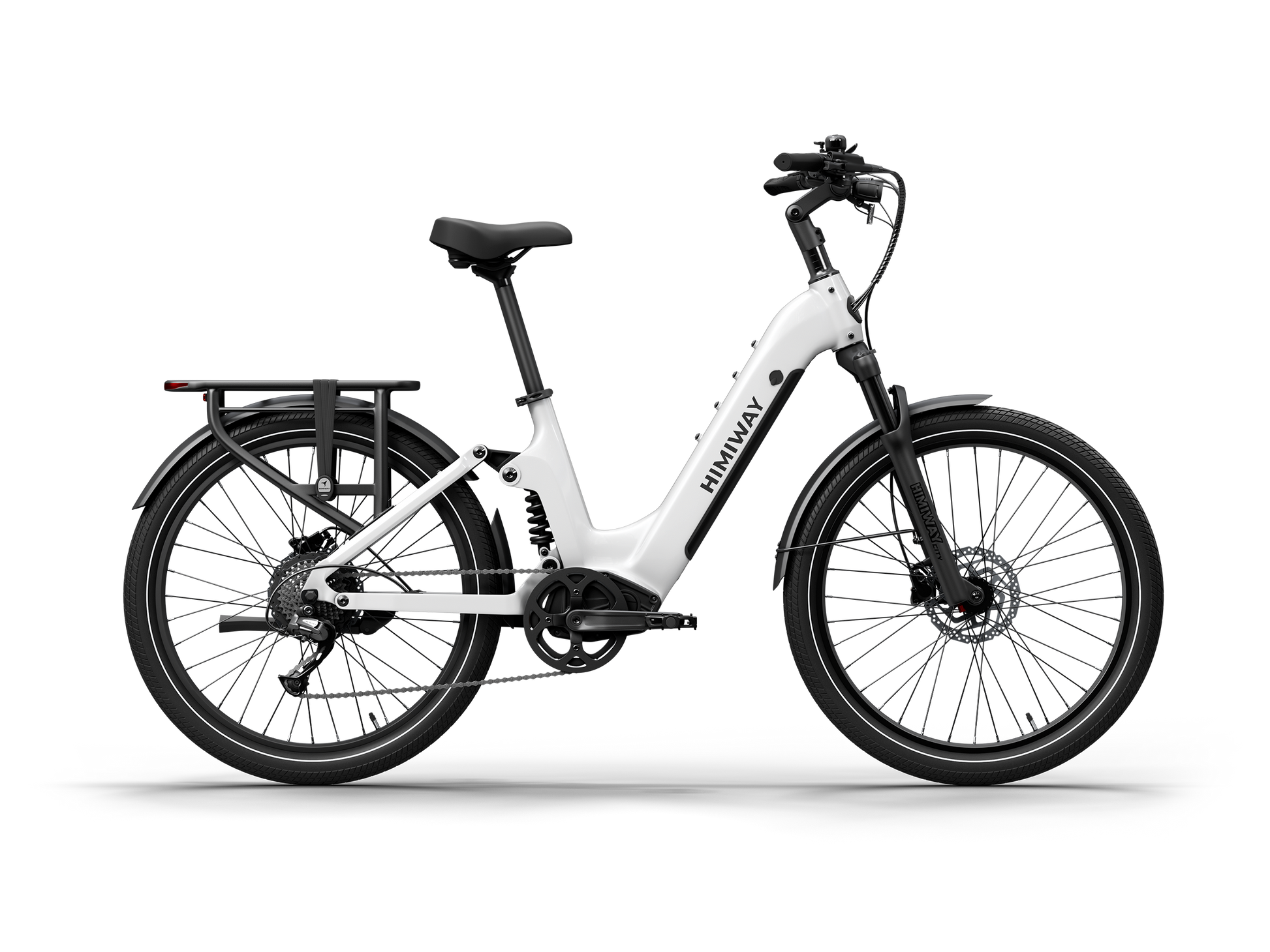 Himiway A7 Commuter Step-Through full suspension electric bike in White, left side view.