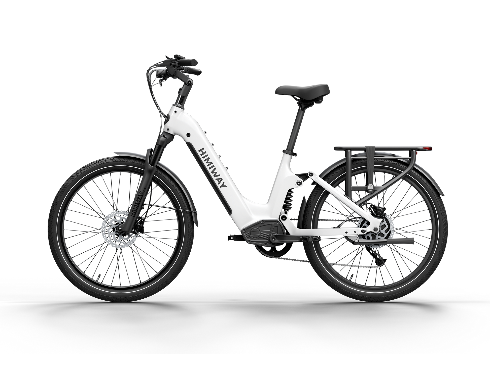 Himiway A7 Commuter Step-Through full suspension electric bike in White, front right side view.