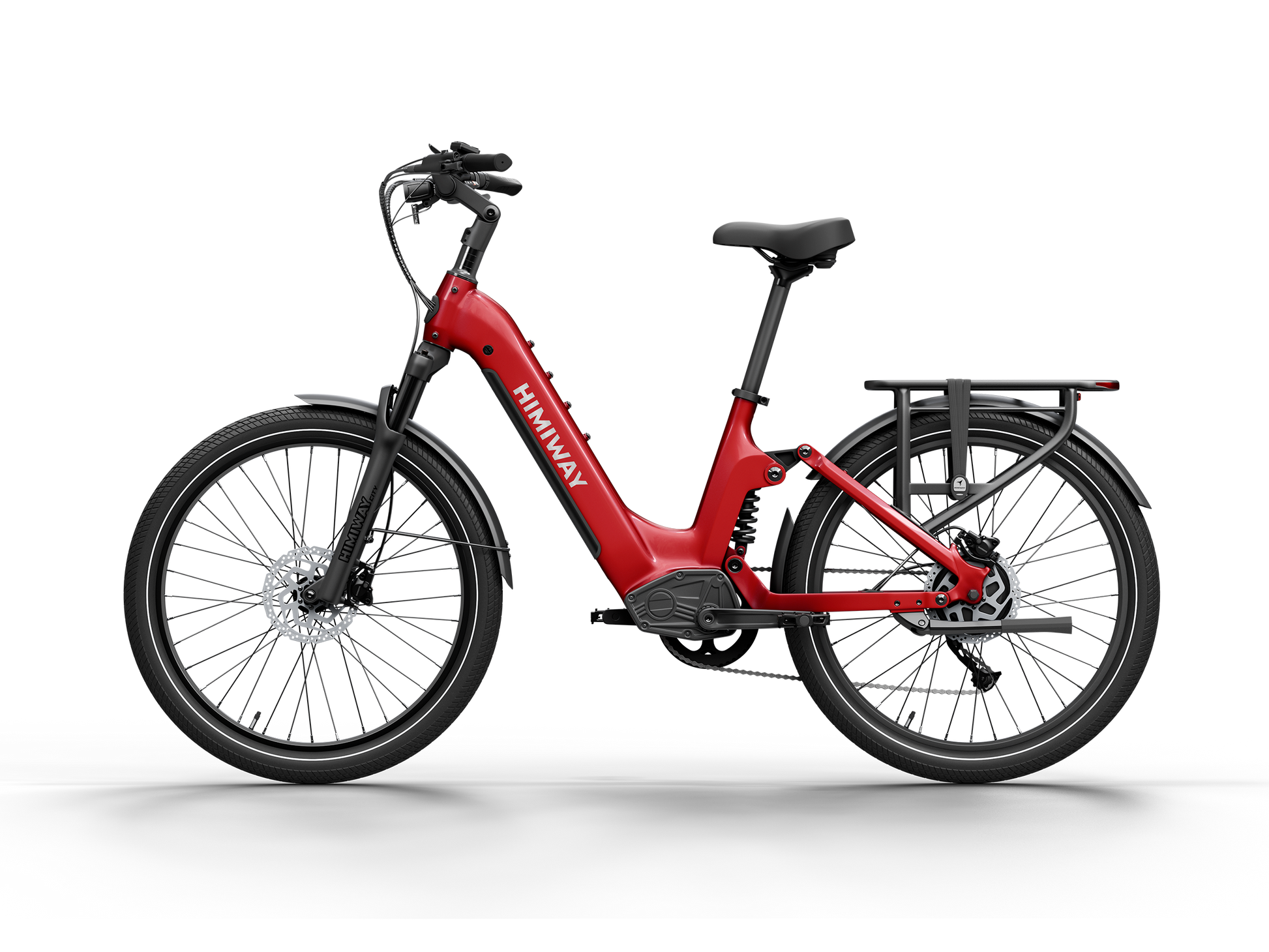 Himiway A7 Commuter Step-Through full suspension electric bike in Red, front right side view.