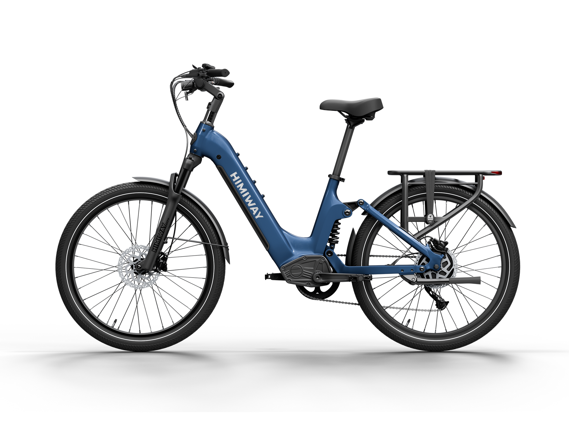 Himiway A7 Commuter Step-Through full suspension electric bike in Midnight Blue, front right side view.