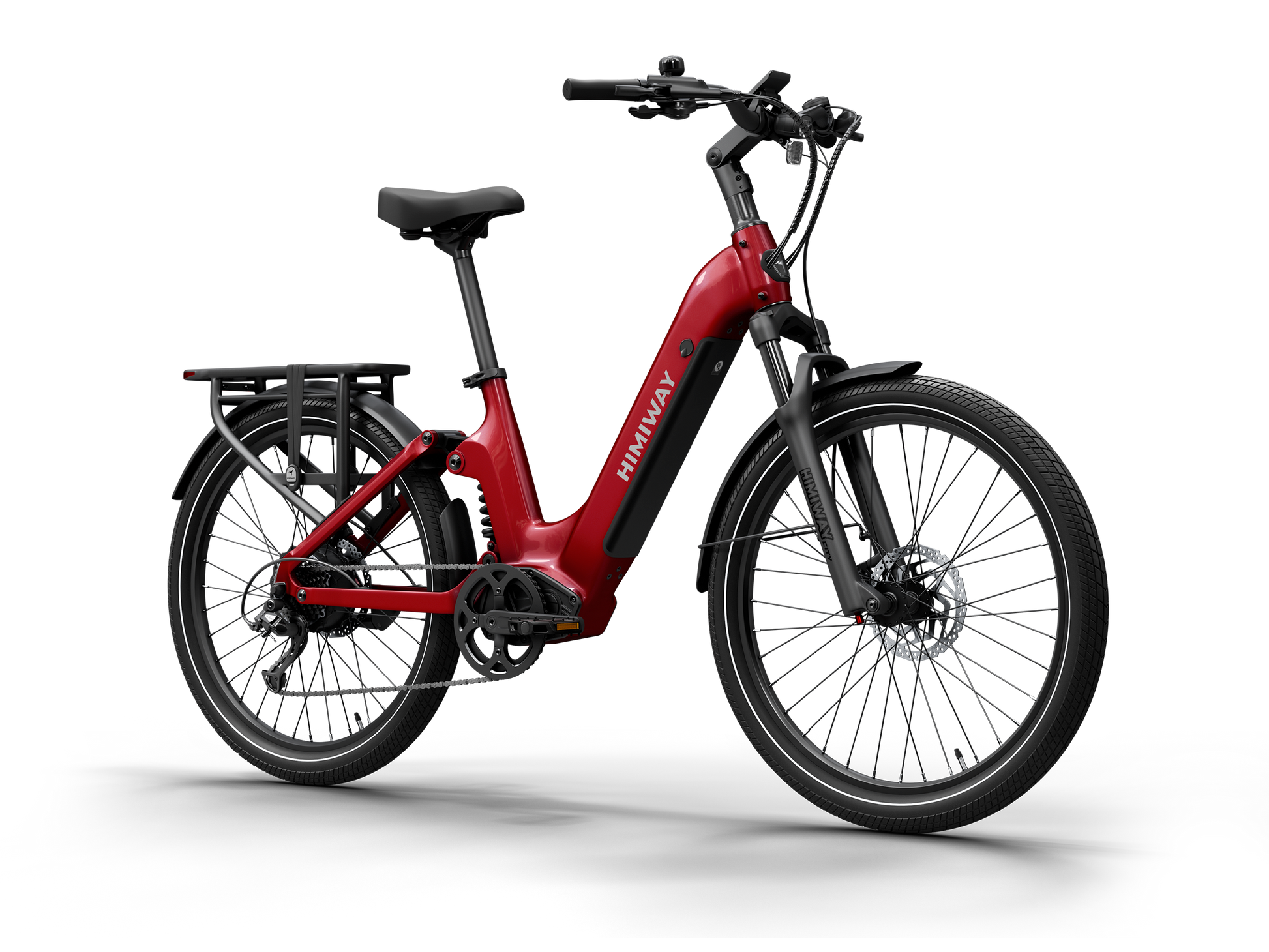 Himiway A7 Commuter Step-Through full suspension electric bike in Red, front Left three-quarter view.