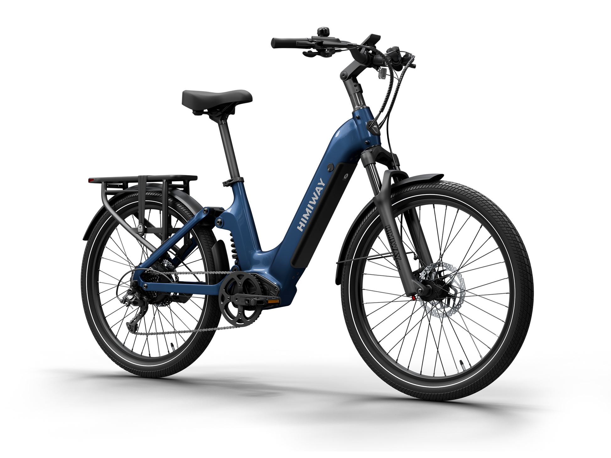 Himiway A7 Commuter Step-Through full suspension electric bike in Midnight Blue, front Left three-quarter view.