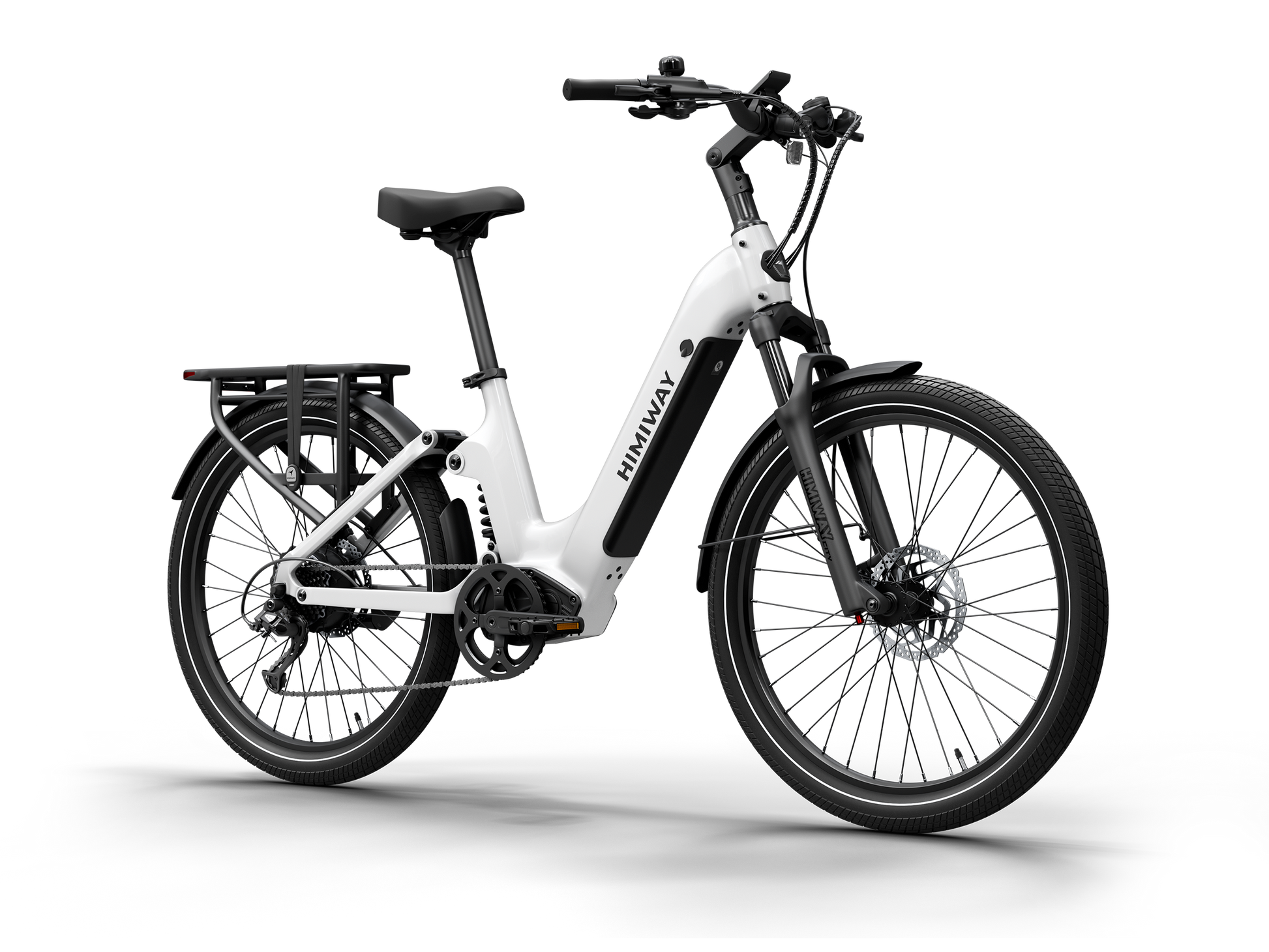 Himiway A7 Commuter Step-Through full suspension electric bike in White, front Left three-quarter view.