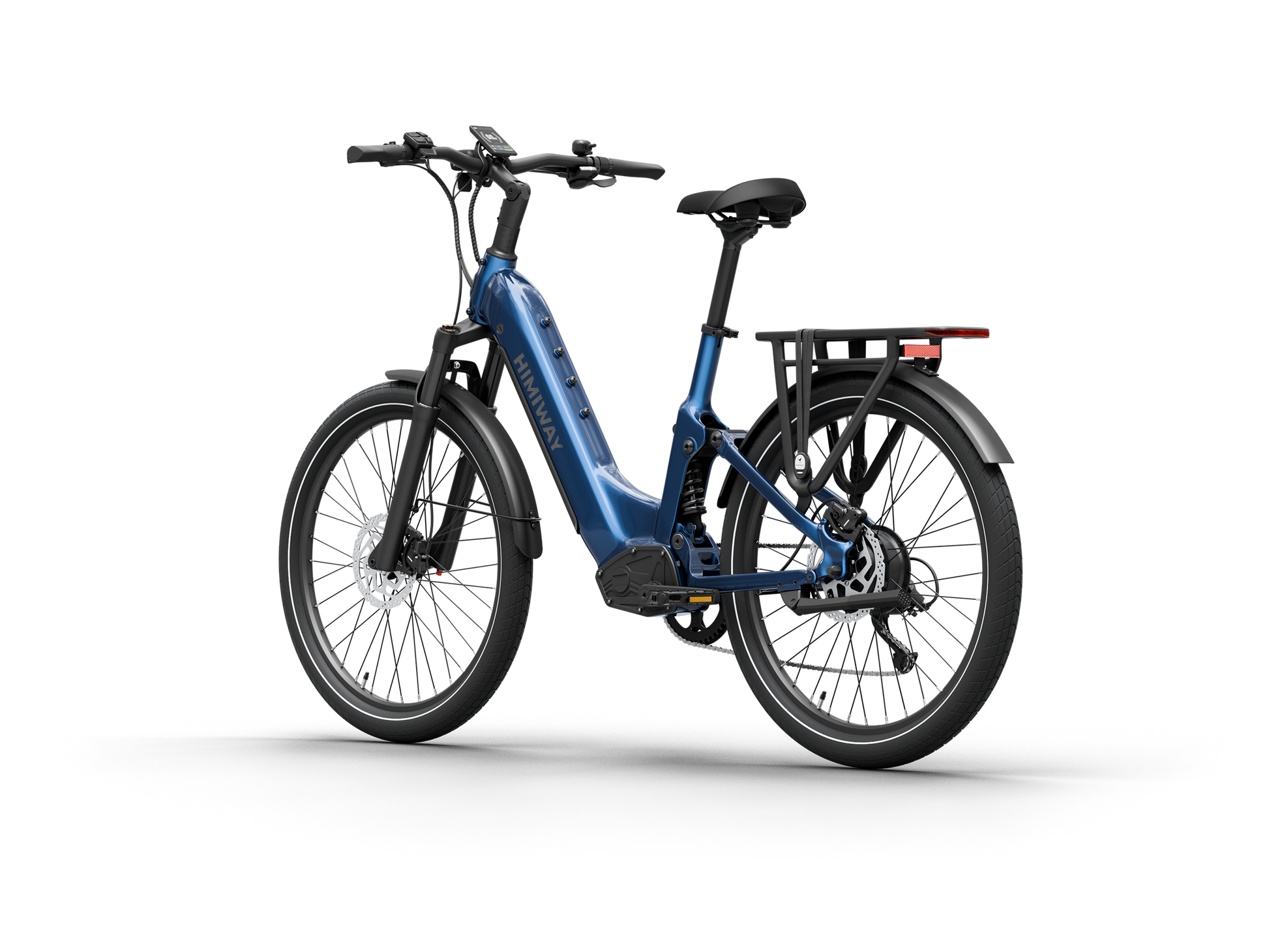 Himiway A7 Commuter Step-Through full suspension electric bike in Midnight Blue, front left three-quarter view.