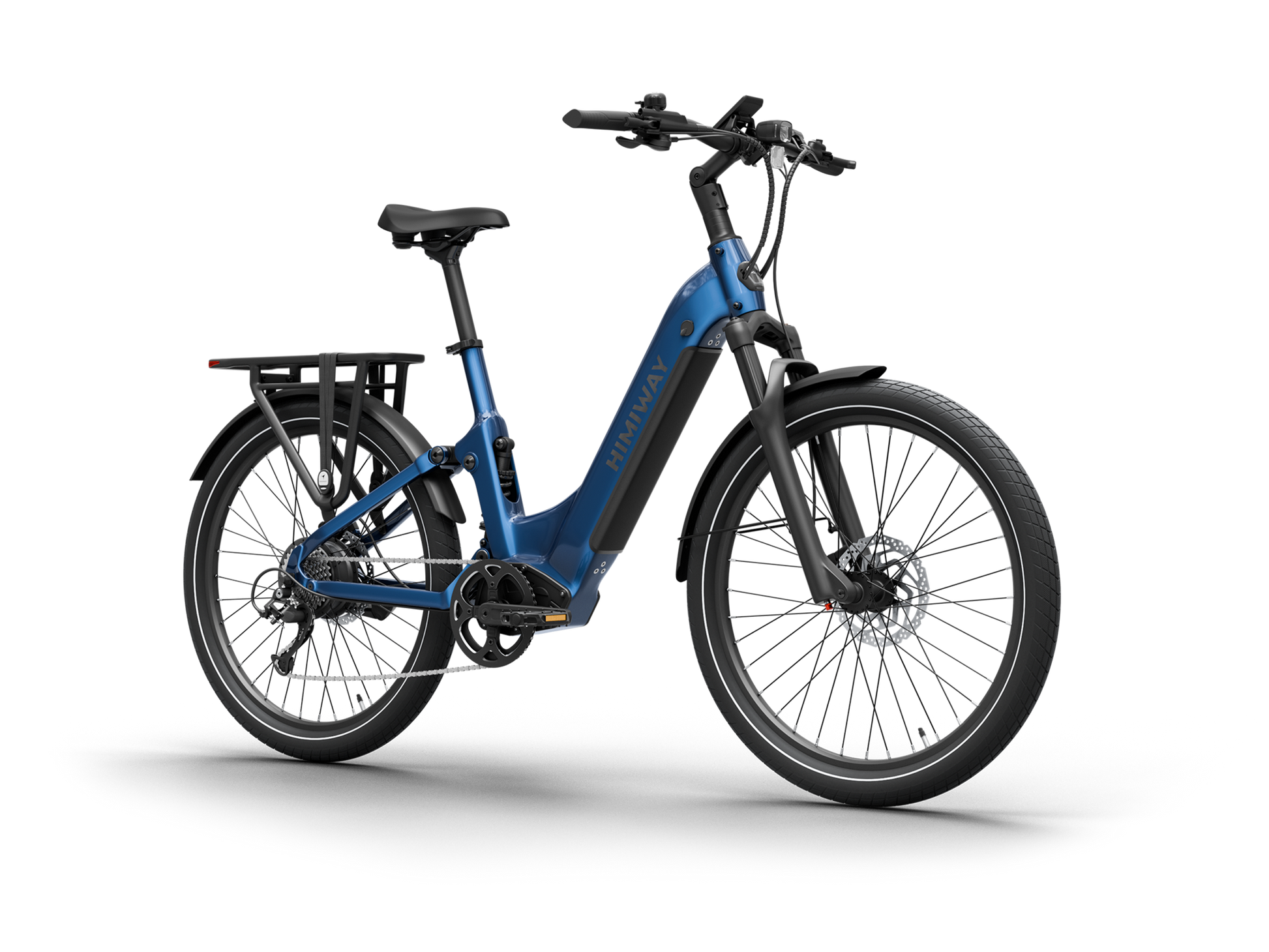 Himiway A7 Commuter Step-Through full suspension electric bike in Midnight Blue, front Left three-quarter view.