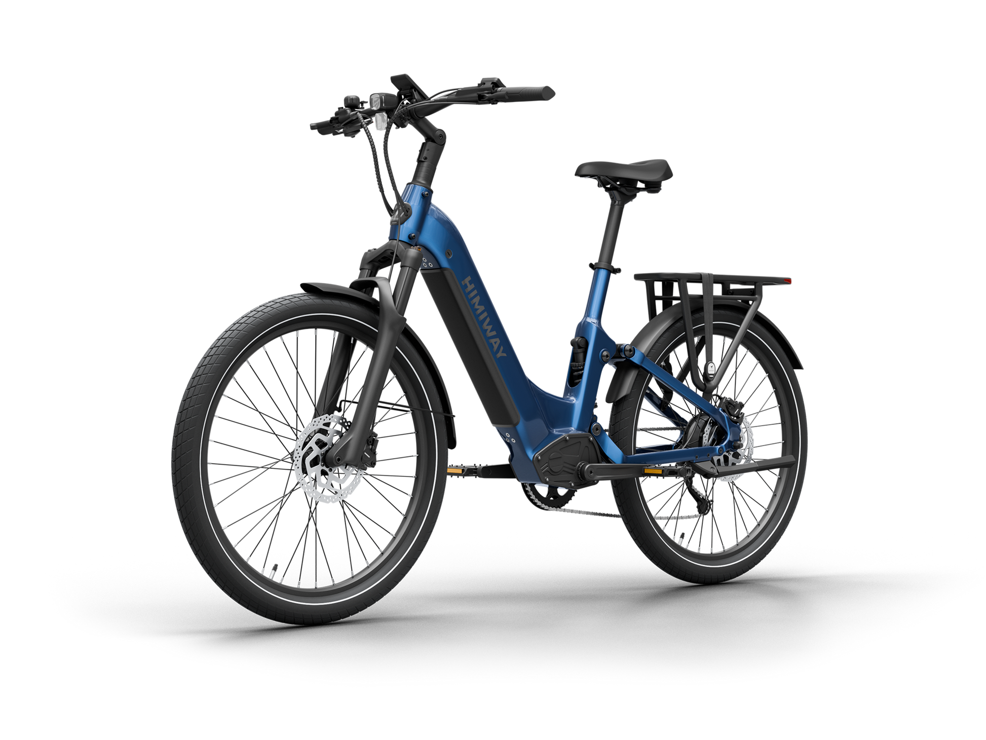 Himiway A7 Commuter Step-Through full suspension electric bike in Midnight Blue, front Right three-quarter view.