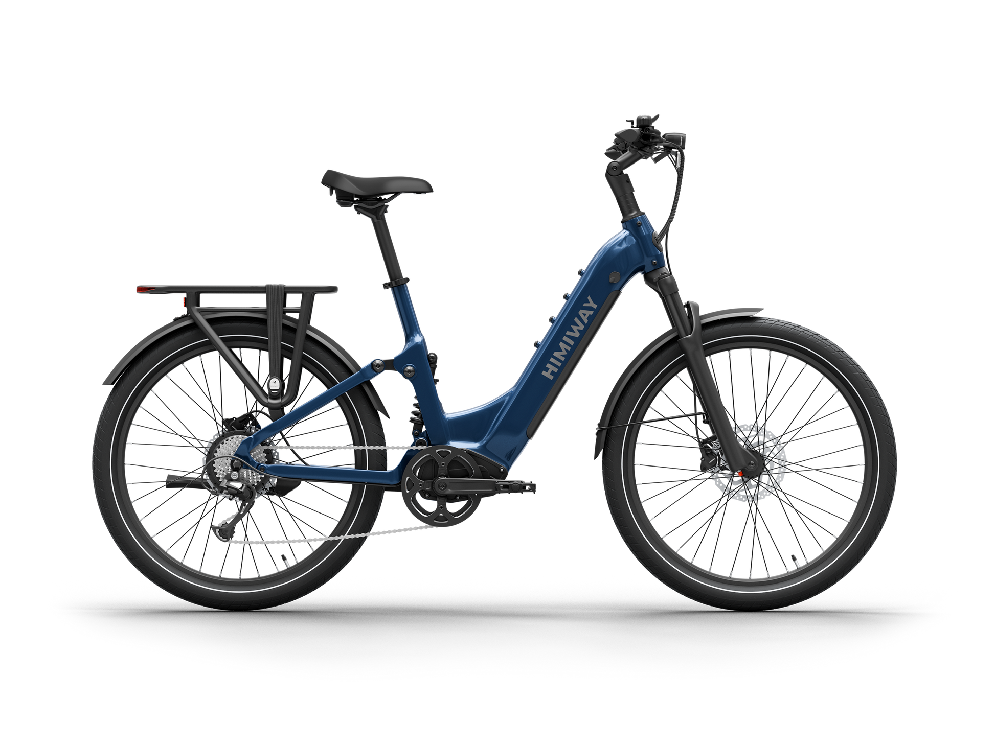 Himiway A7 Commuter Step-Through full suspension electric bike in Midnight Blue,left side view.