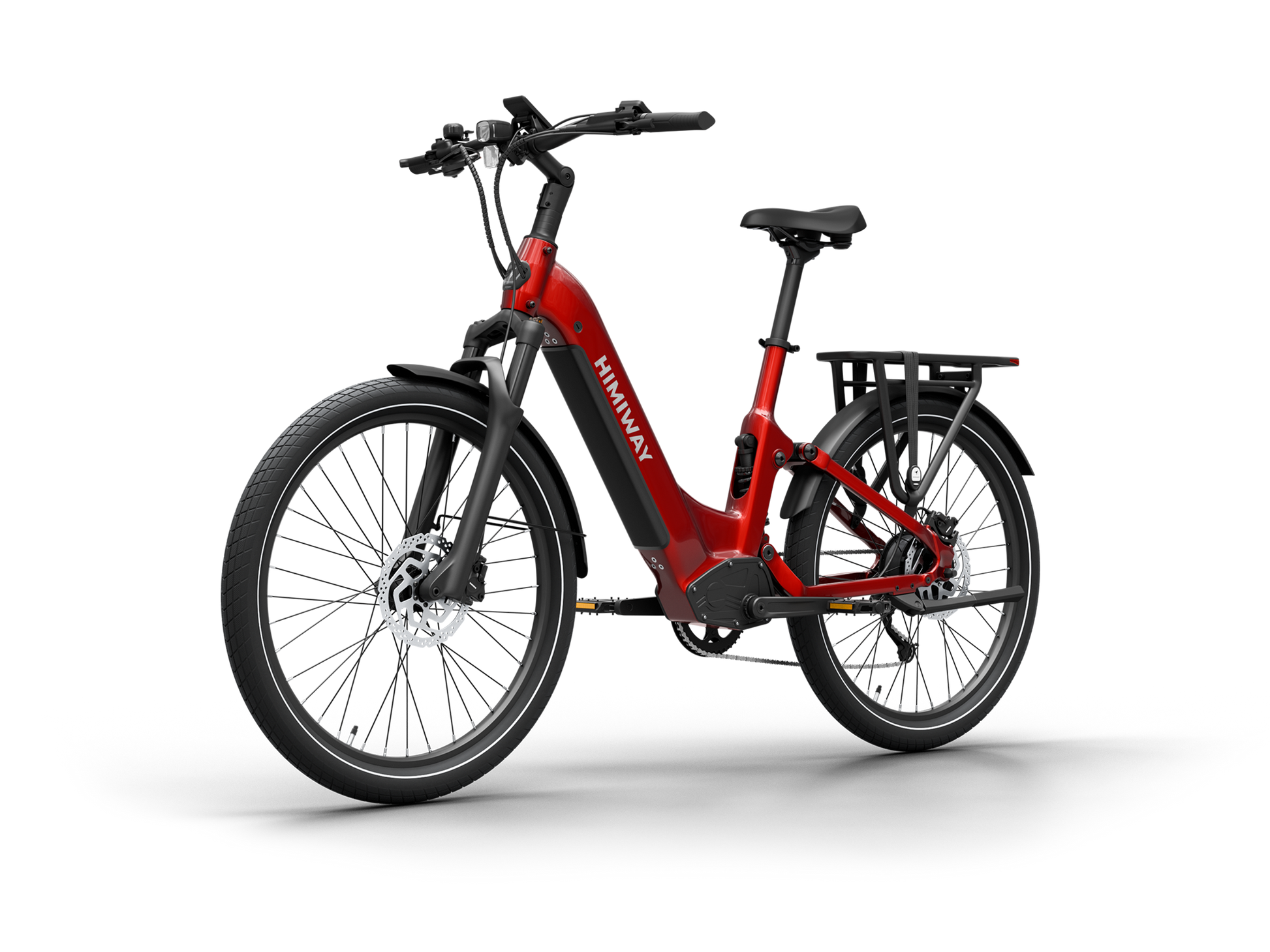 Himiway A7 Commuter Step-Through full suspension electric bike in Red, front Right three-quarter view.