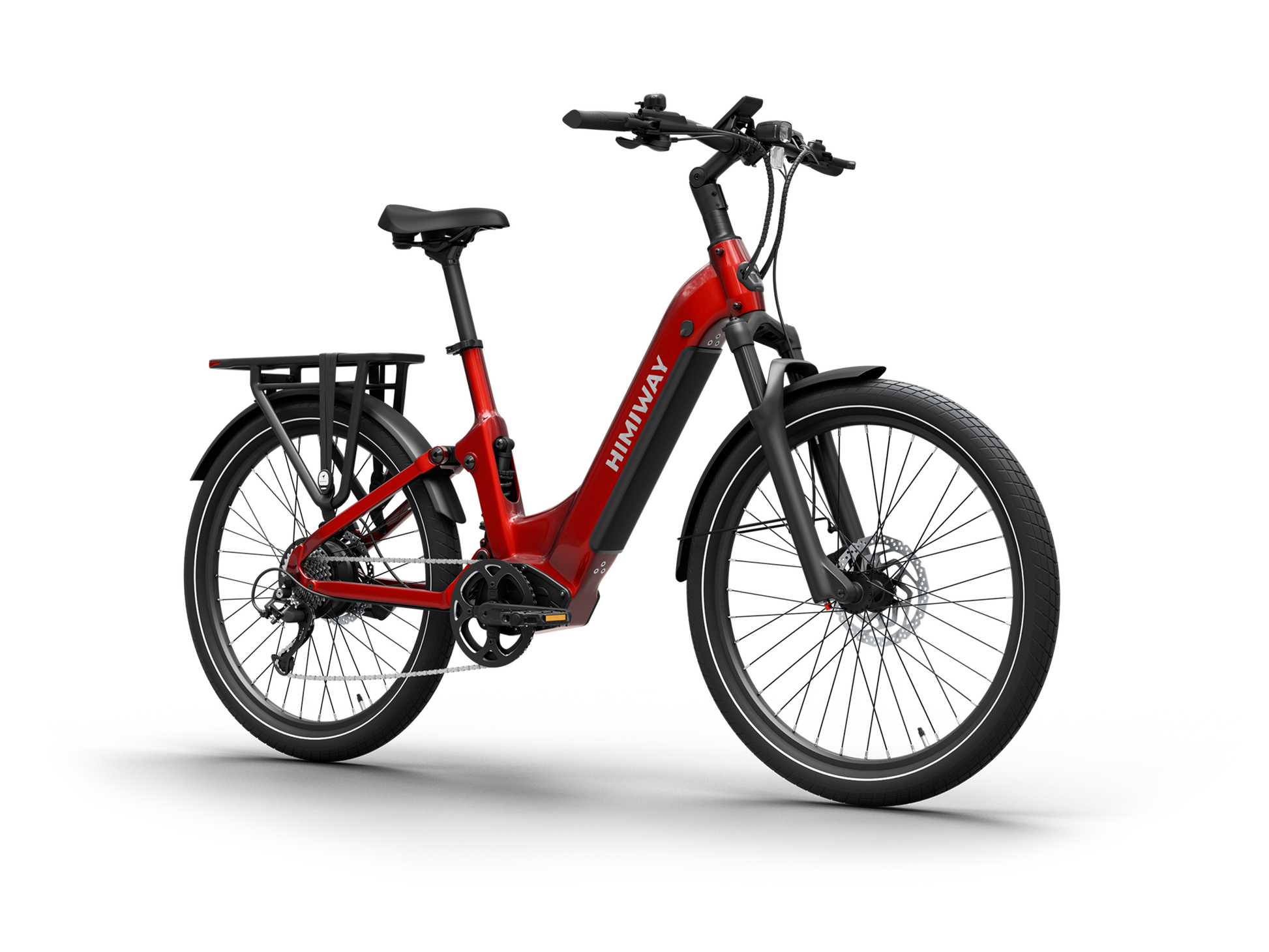 Himiway A7 Commuter Step-Through full suspension electric bike in Red, front Left three-quarter view.