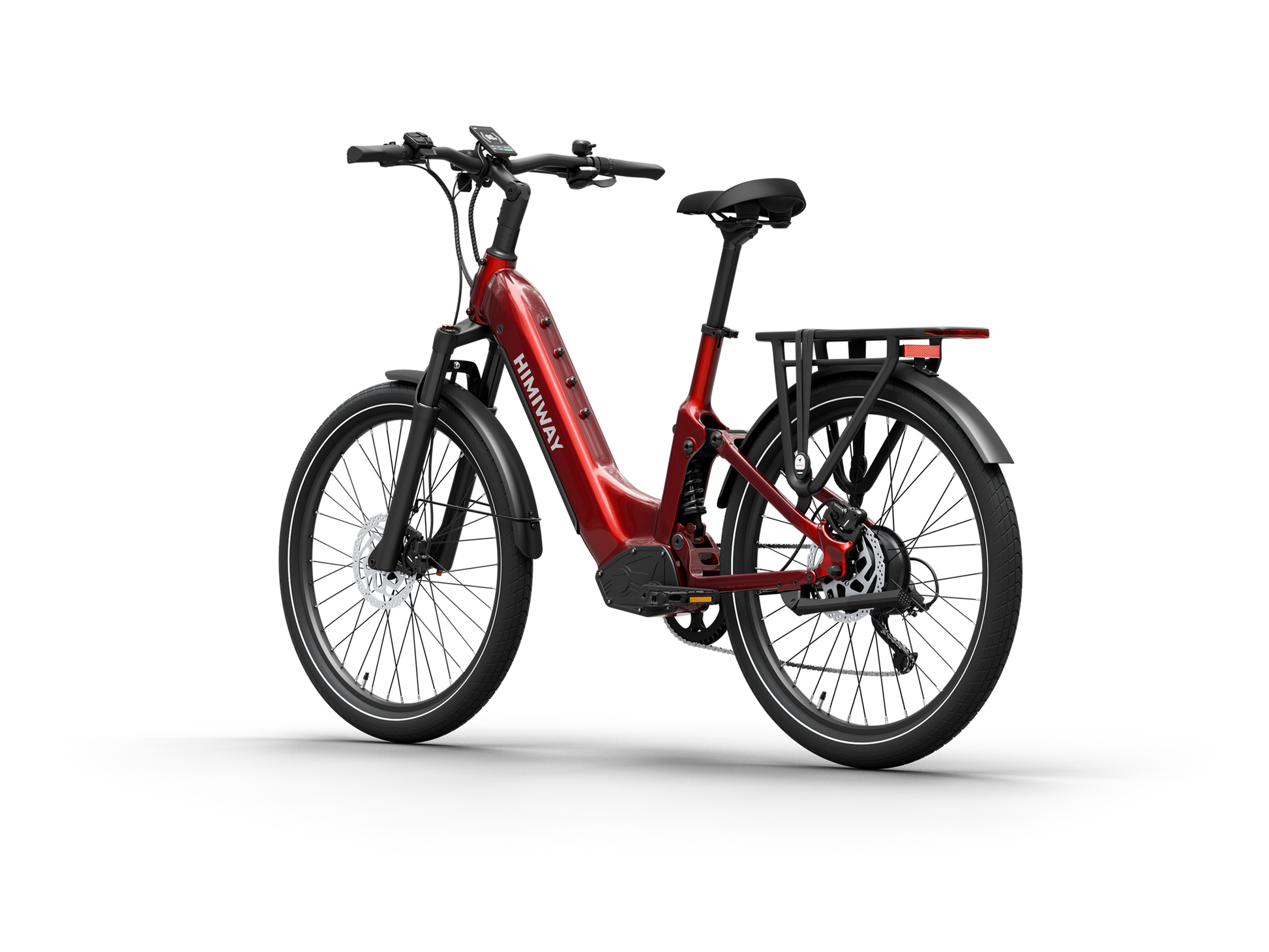 Himiway A7 Commuter Step-Through full suspension electric bike in Red, front left three-quarter view.