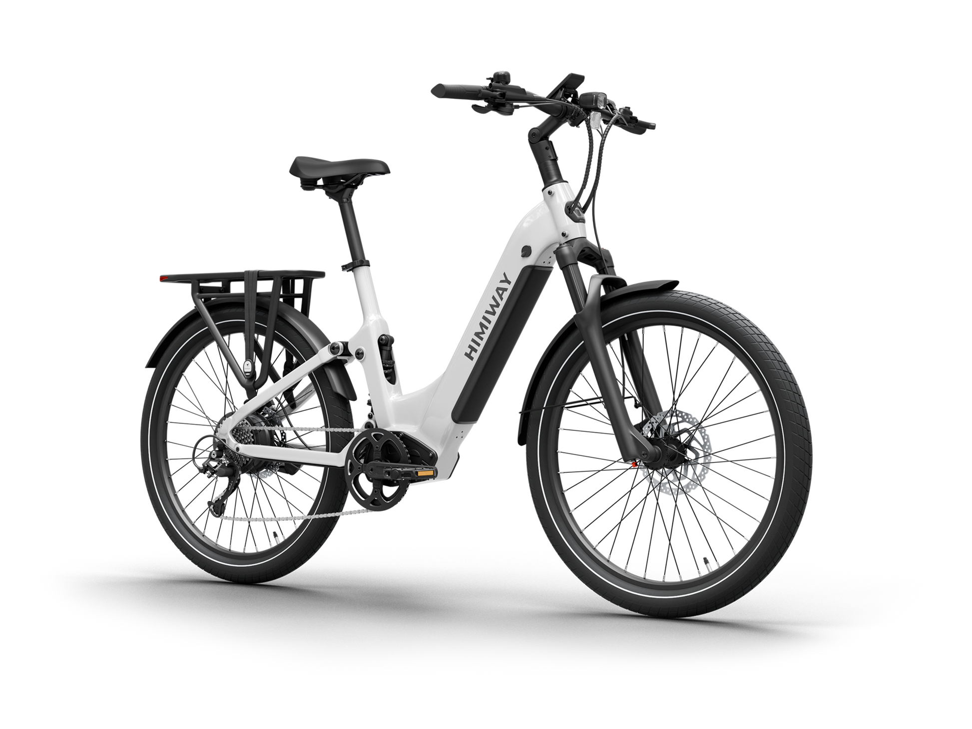 Himiway A7 Commuter Step-Through full suspension electric bike in White, front Left three-quarter view.