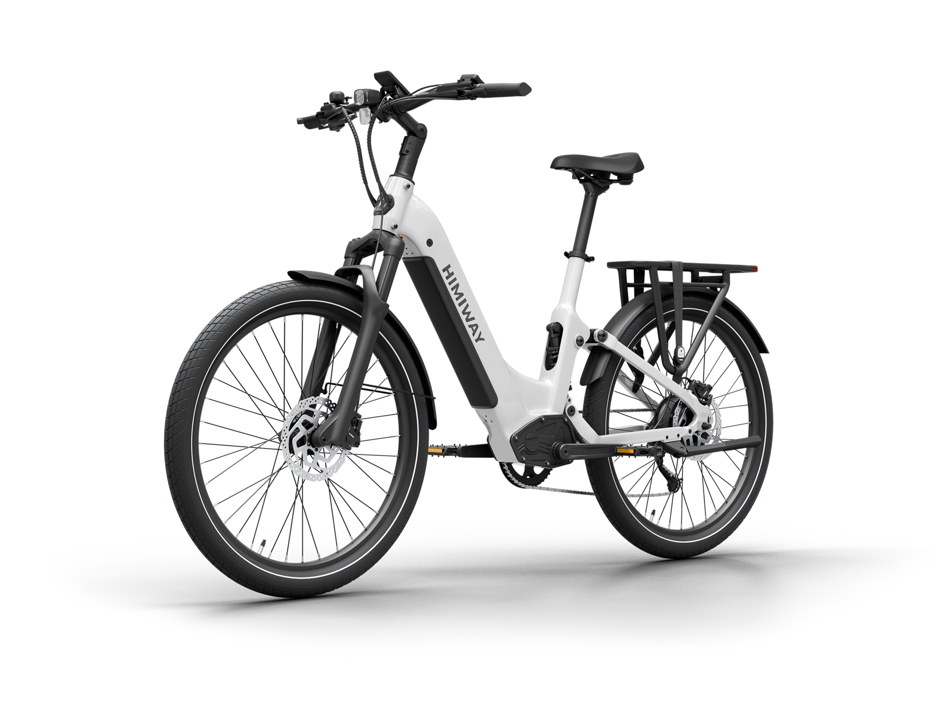 Himiway A7 Commuter Step-Through full suspension electric bike in White, front Right three-quarter view.