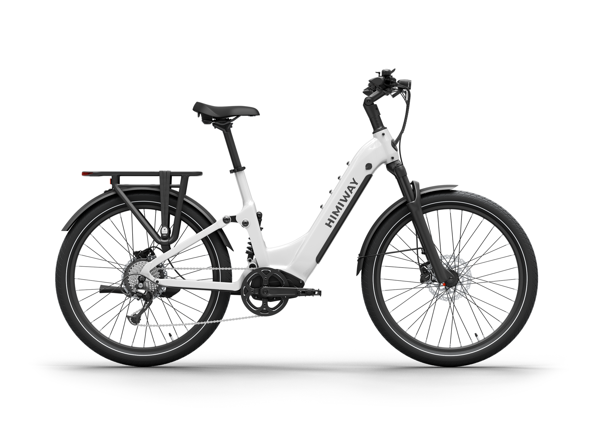 Himiway A7 Commuter Step-Through full suspension electric bike in White, left side view.