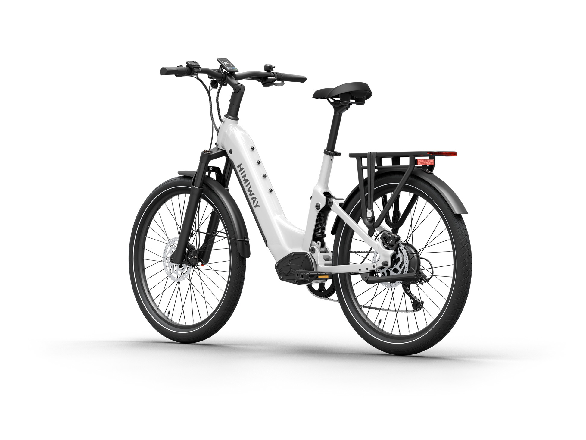 Himiway A7 Commuter Step-Through full suspension electric bike in White, front left three-quarter view.