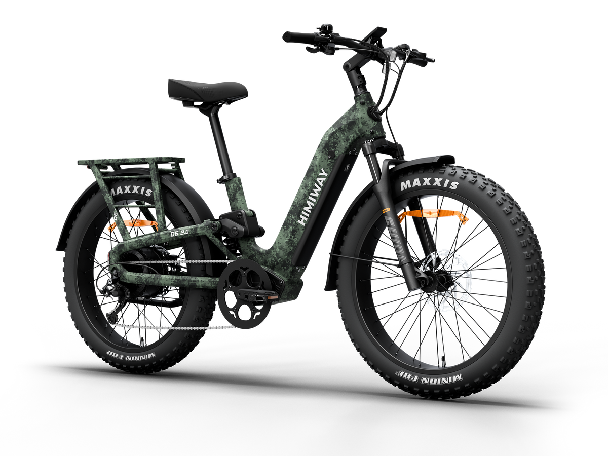 Himiway D5 2.0 Camo full suspension fat tire ebikes, front Left three-quarter view.