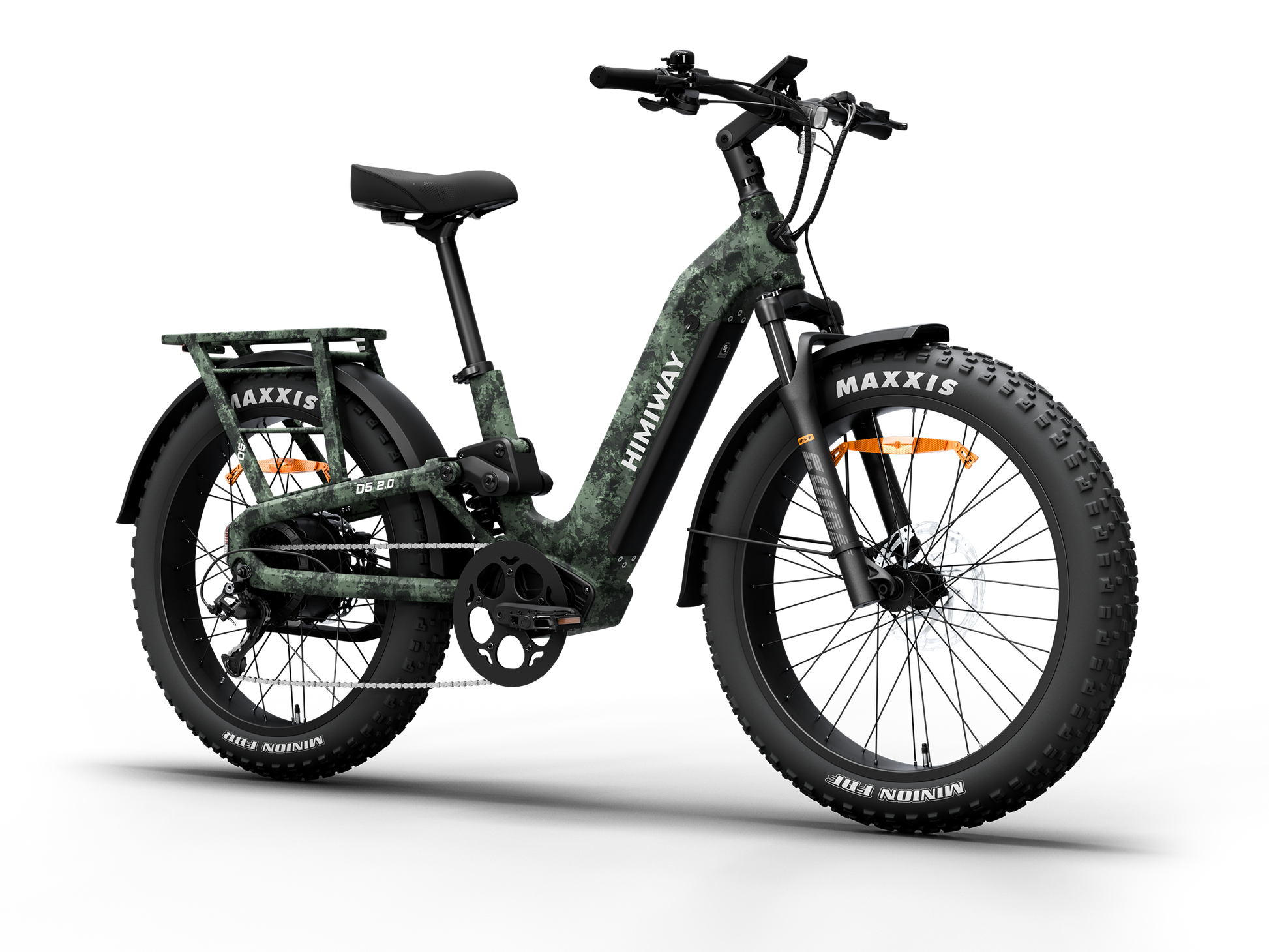 Himiway D5 2.0 Camo full suspension fat tire electric bike, front Left three-quarter view.