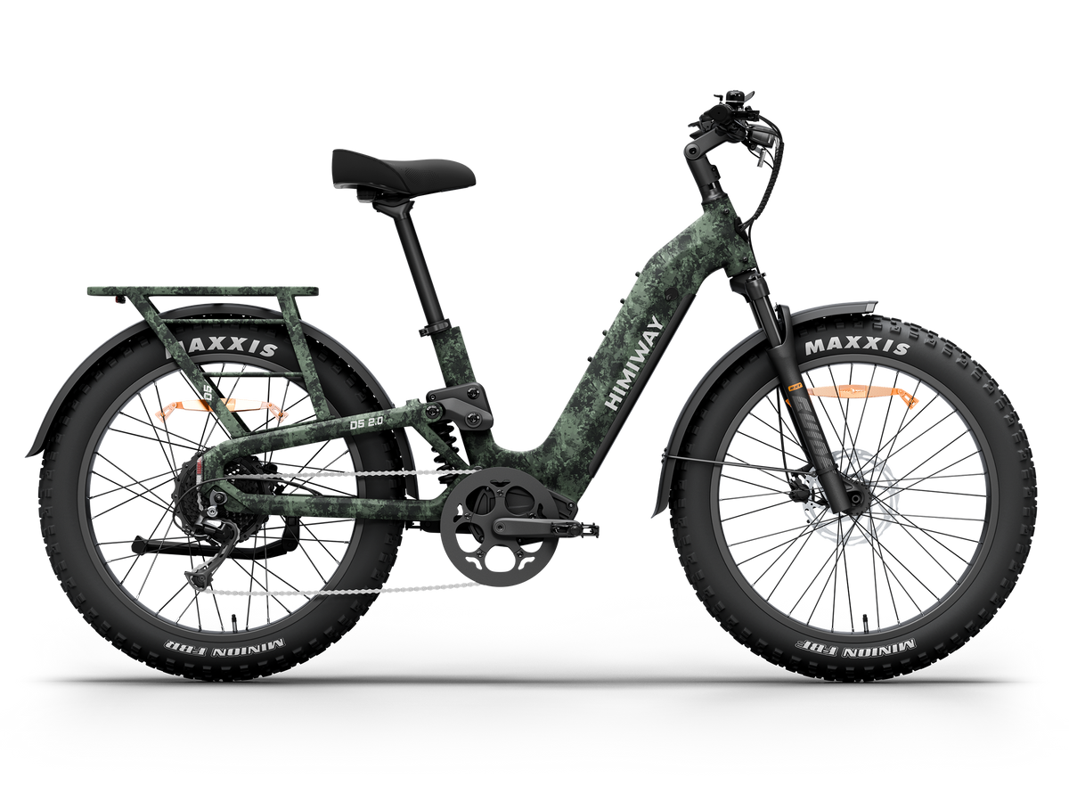 Himiway D5 2.0 Camo full suspension fat tire hunting electric bike, left side view.