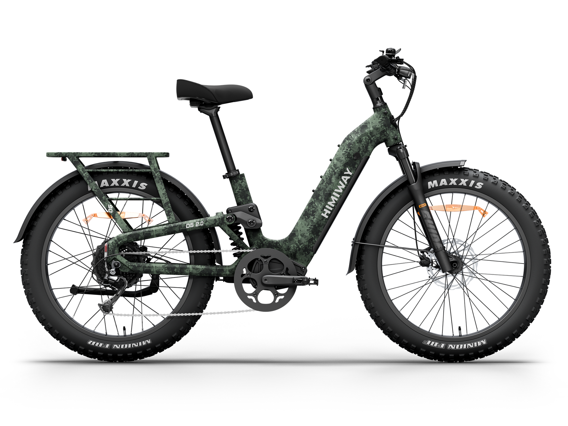 Himiway D5 2.0 Camo full suspension fat tire electric bike, left side view.