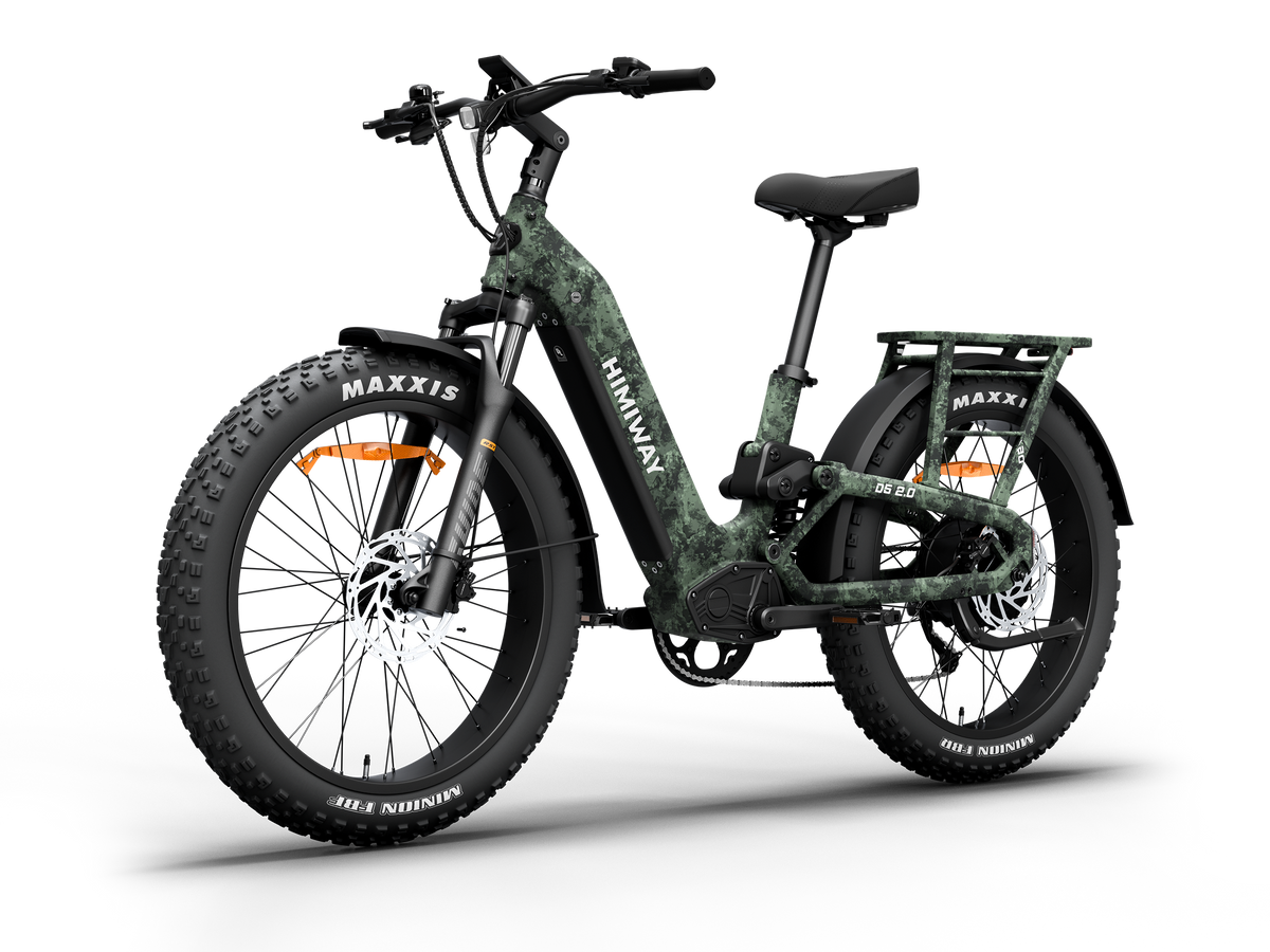 Himiway D5 2.0 Camo full suspension fat tire electric bike, front Right three-quarter view.
