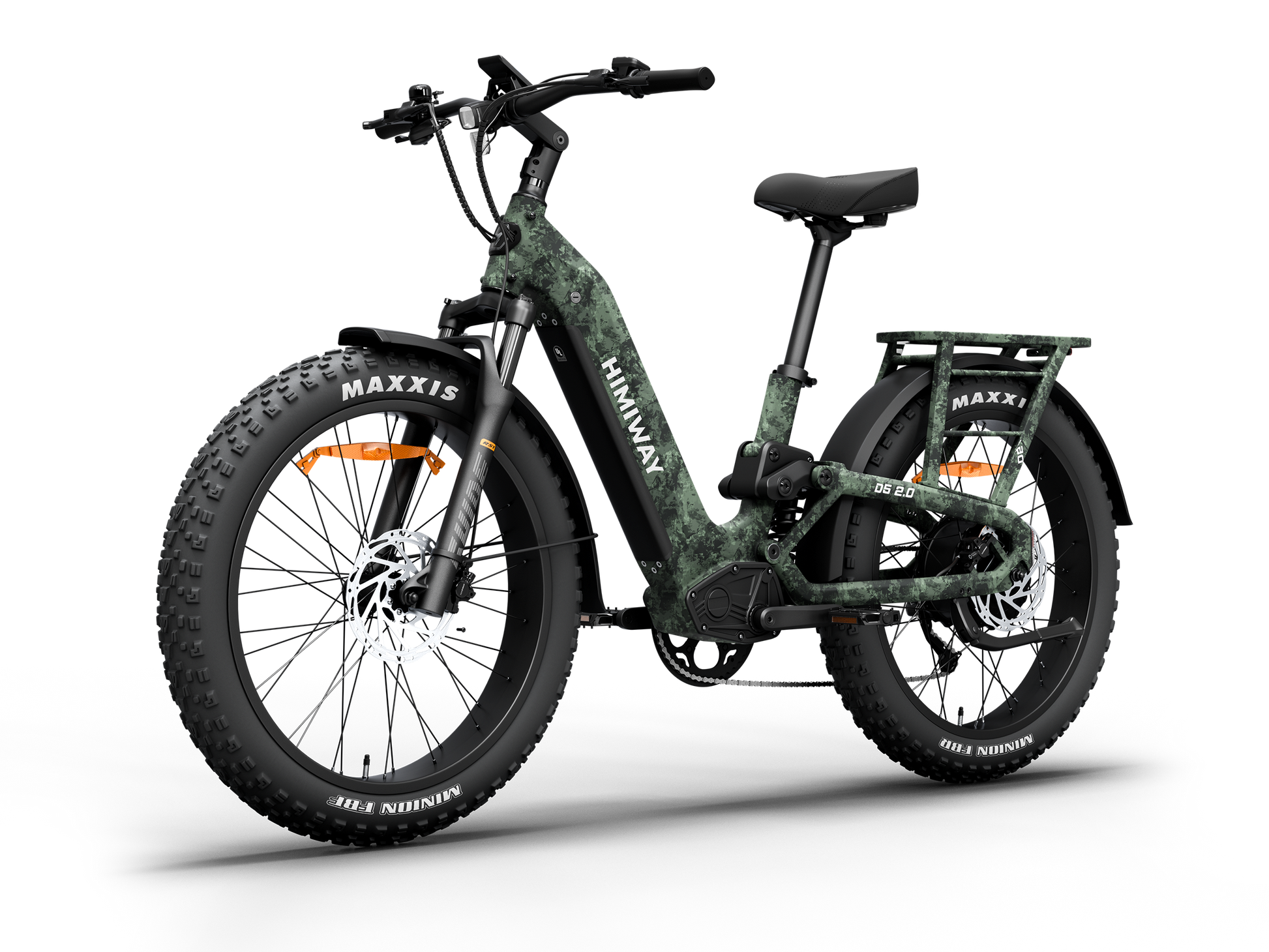 Himiway D5 2.0 Camo full suspension fat tire electric bike, front Right three-quarter view.