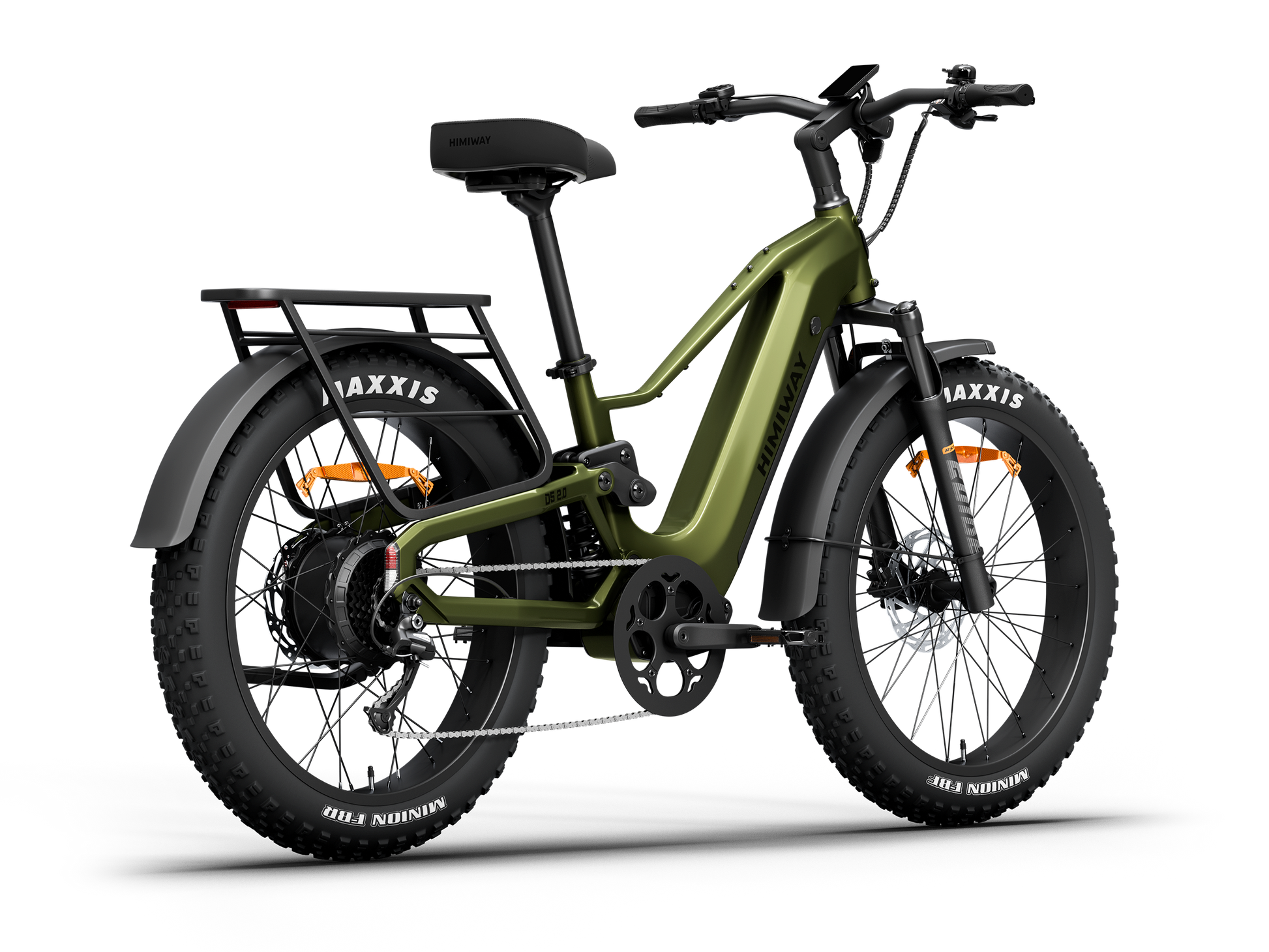 Himiway D5 2.0 Step-Over full suspension fat tire electric bike in Olive Green, rear-right-three-quarter view