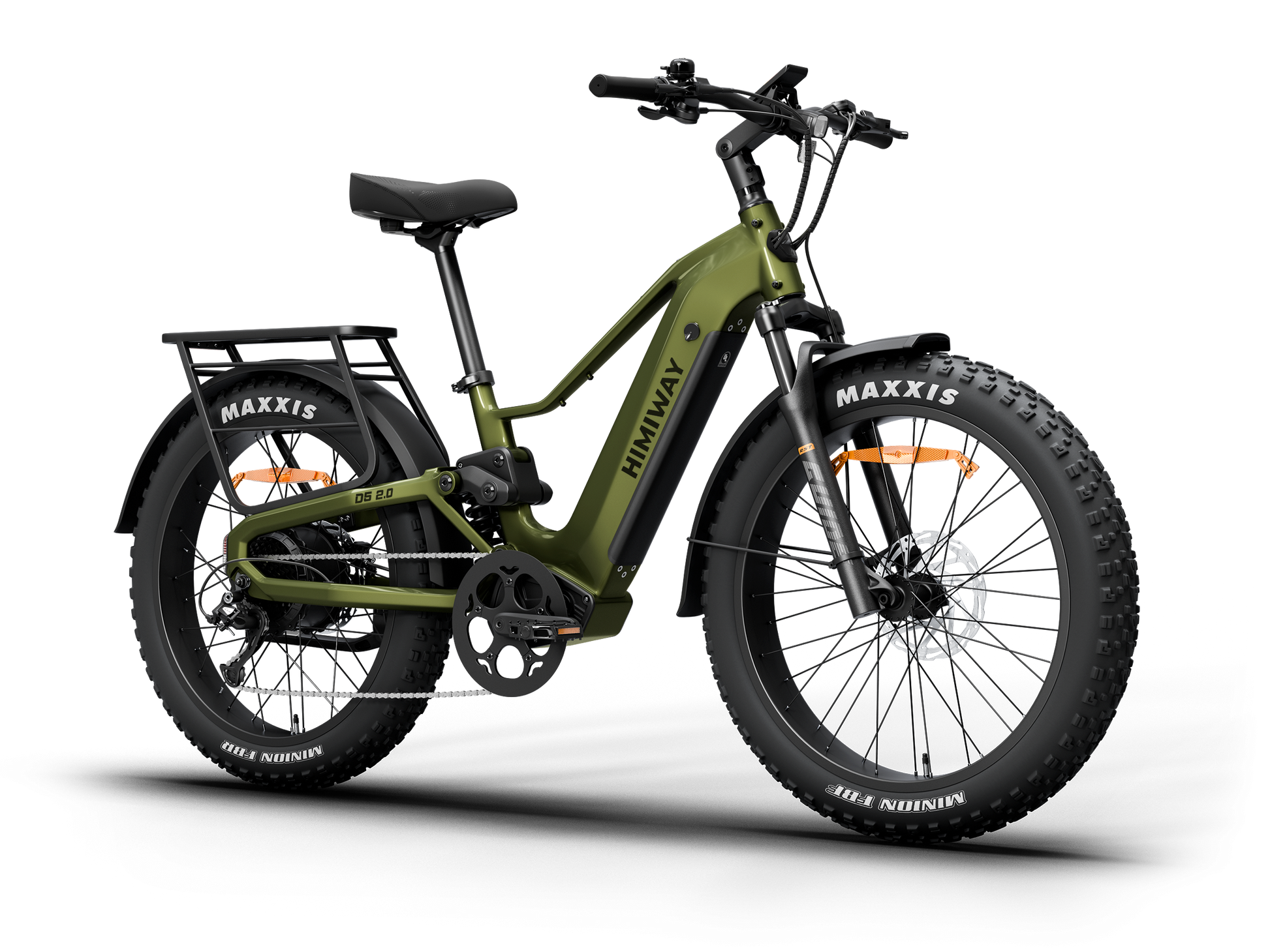 Himiway D5 2.0 Step-Over full suspension fat tire electric bike in Olive Green, front Left three-quarter view.