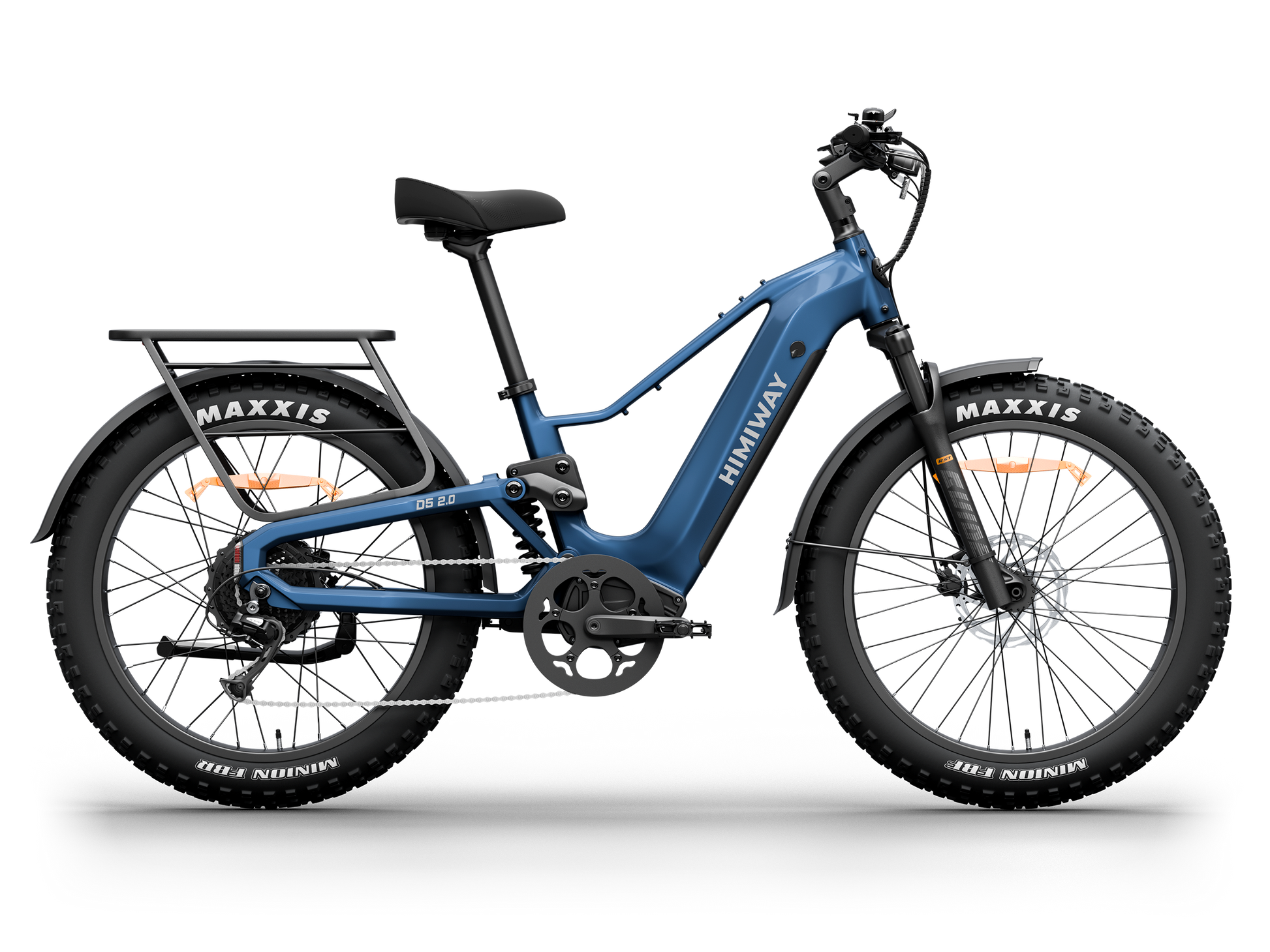 Himiway D5 2.0 Step-Over full suspension fat tire electric bike in Midnight Blue, left side view.