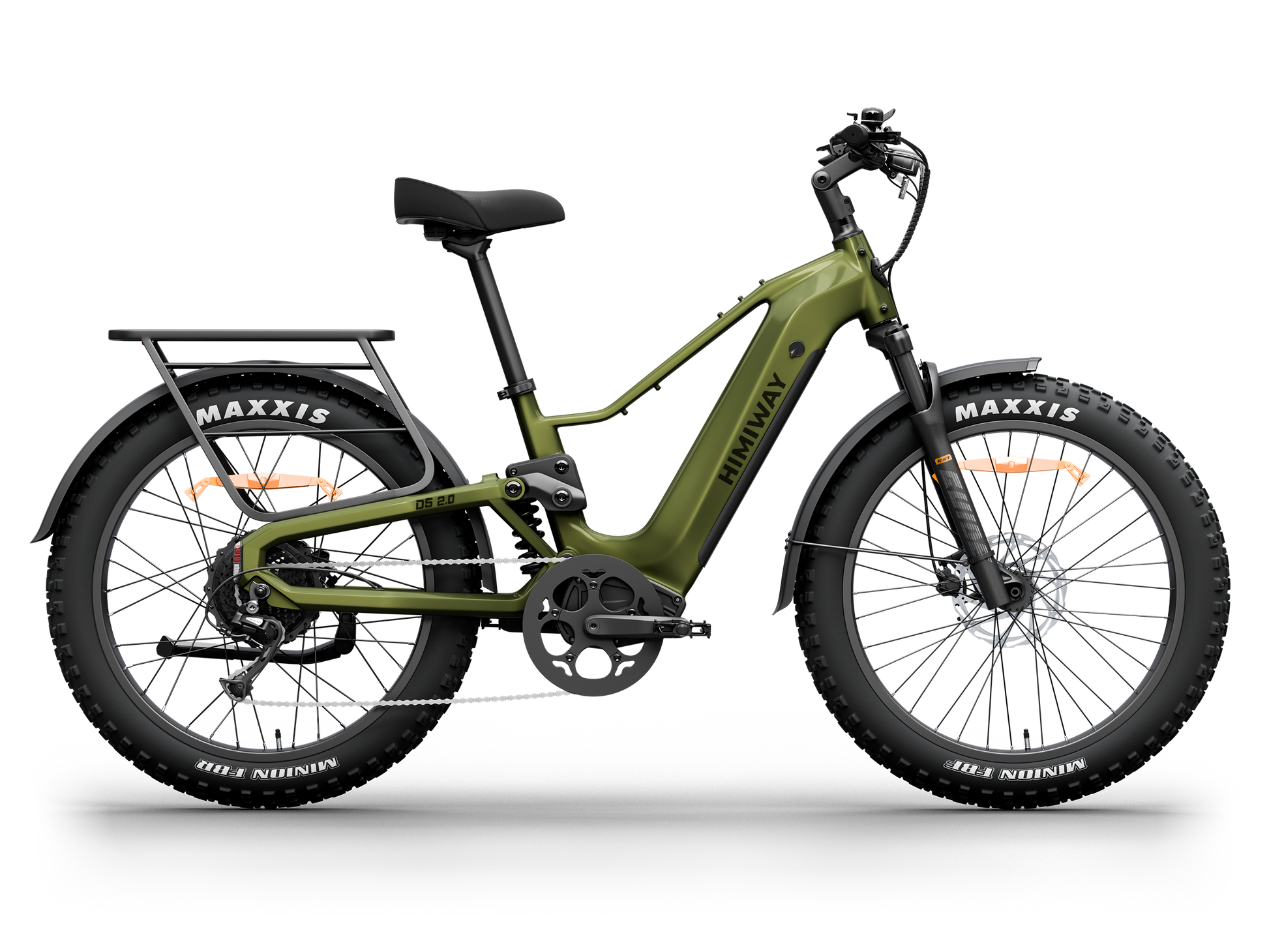 Himiway D5 2.0 Step-Over full suspension fat tire electric bike in Olive Green, left side view.