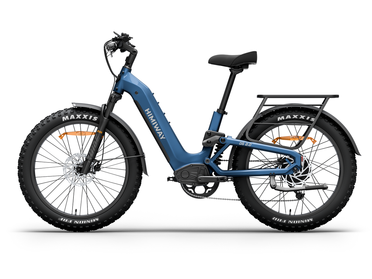 Himiway D5 2.0 Step-thru full suspension fat tire e bike in Midnight Blue, right side view.