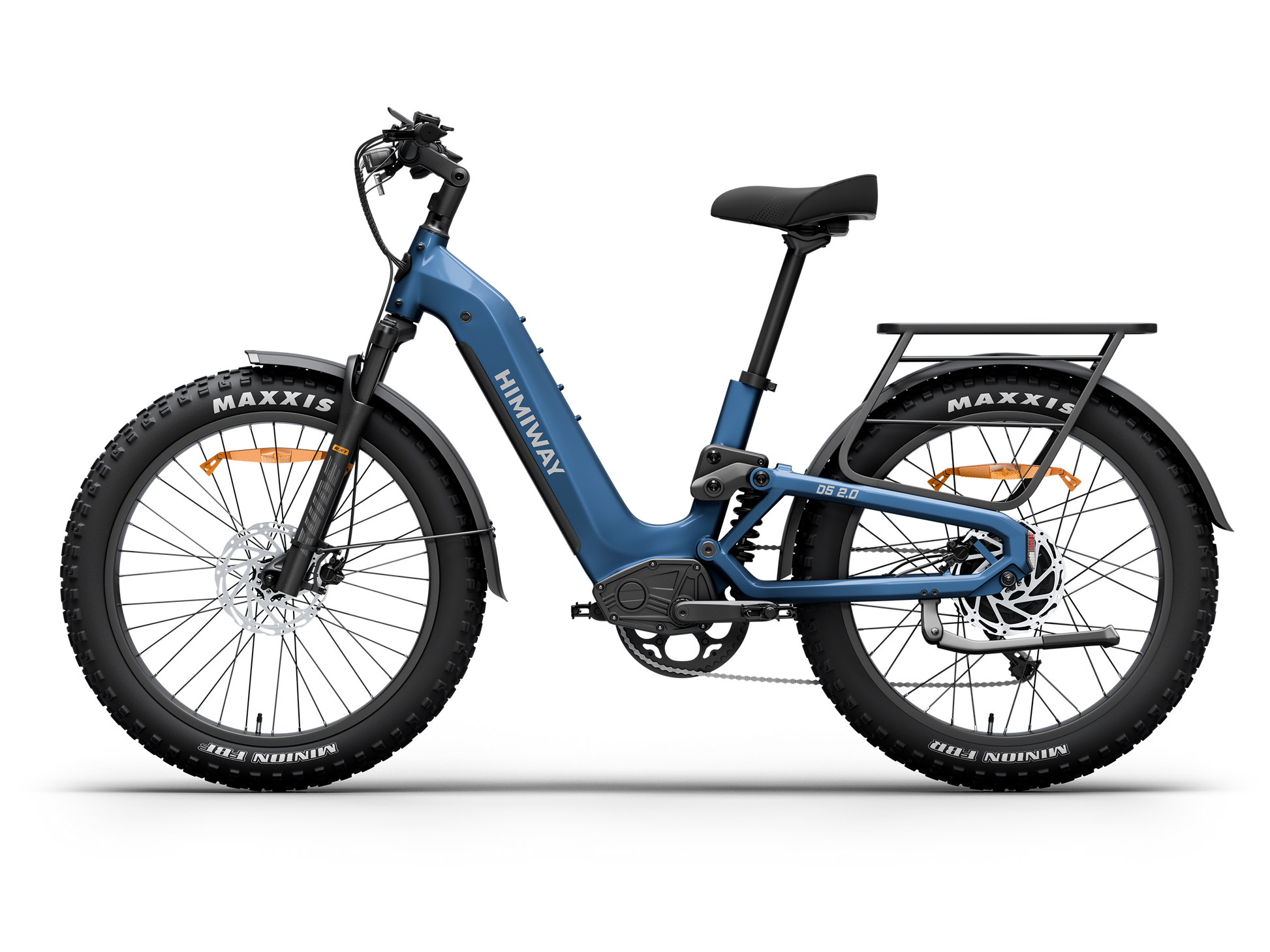 Himiway D5 2.0 Step-thru full suspension fat tire electric bike in Midnight Blue, right side view.