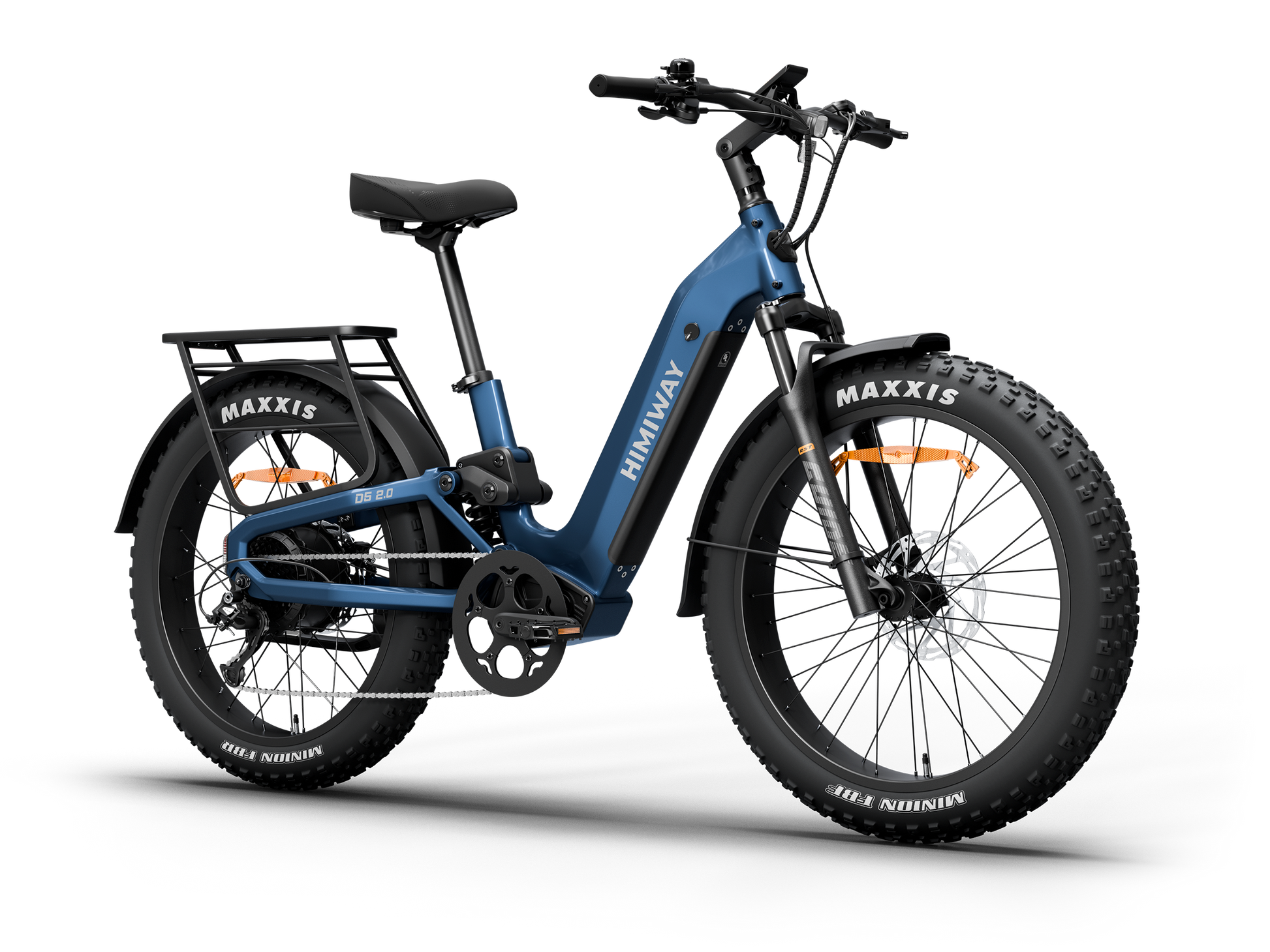 Himiway D5 2.0 Step-thrur full suspension fat tire electric bike in Midnight Blue, front Left three-quarter view.