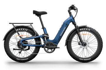 Himiway D5 2.0 Step-thru full suspension fat tire electric bike in Midnight Blue, left side view.