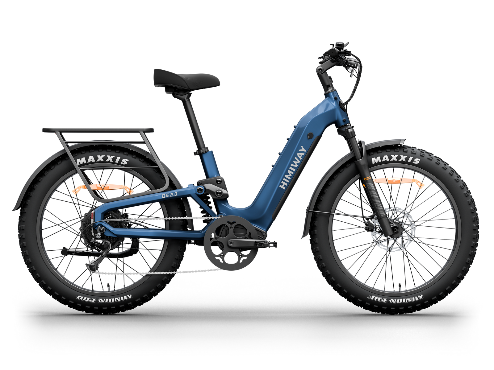 Himiway D5 2.0 Step-thru full suspension fat tire electric bike in Midnight Blue, left side view.