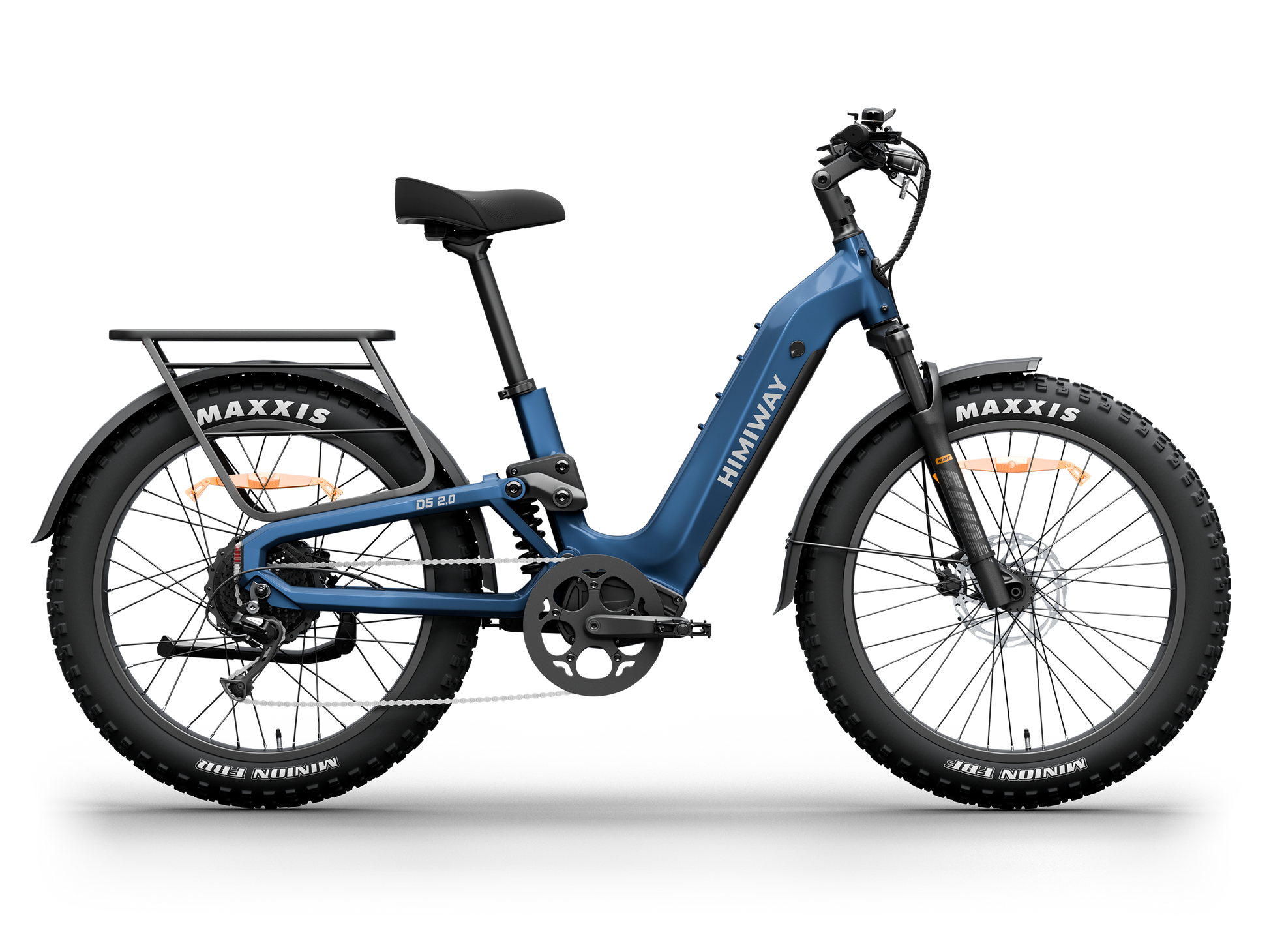 Himiway D5 2.0 Step-thru full suspension fat tire electric bike in Midnight Blue, left side view.