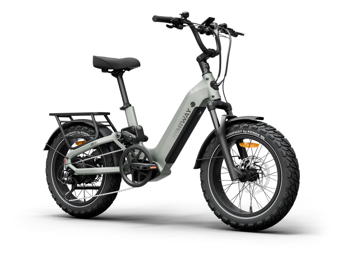 Himiway D5 2.0 20" full suspension fat tire electric bike in Sage, front Left three-quarter view.