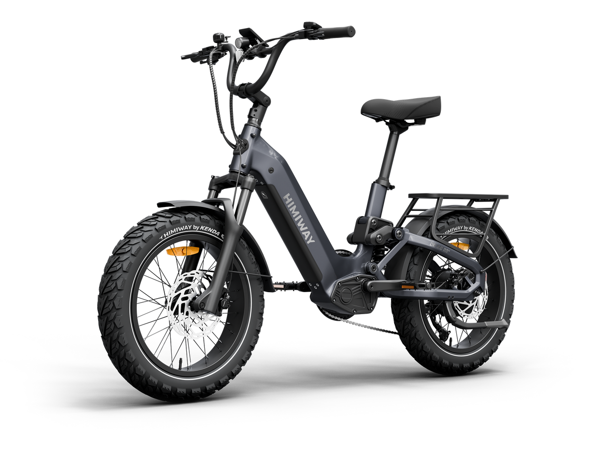 Himiway D5 2.0 20" full suspension fat tire electric bike in Space Grey, front Right three-quarter view.