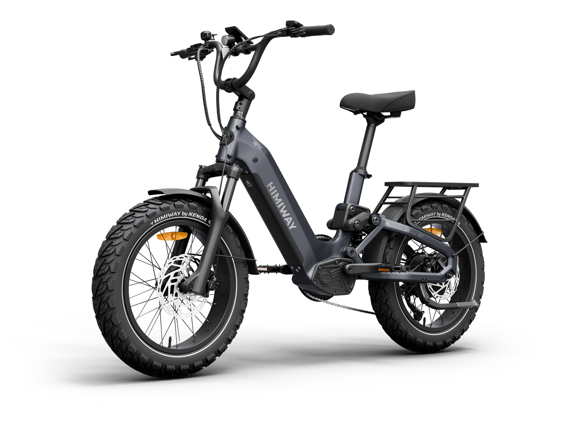 Himiway D5 2.0 20" full suspension fat tire electric bike in Space Grey, front Right three-quarter view.