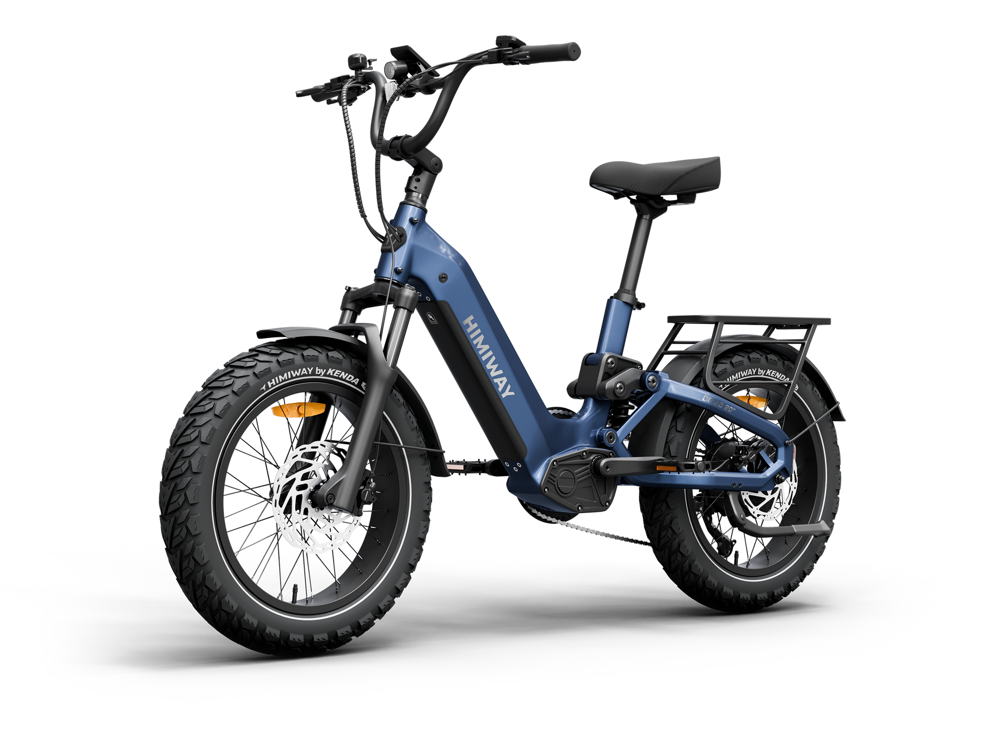 Himiway D5 2.0 20" full suspension fat tire electric bike in Midnight Blue, front Right three-quarter view.