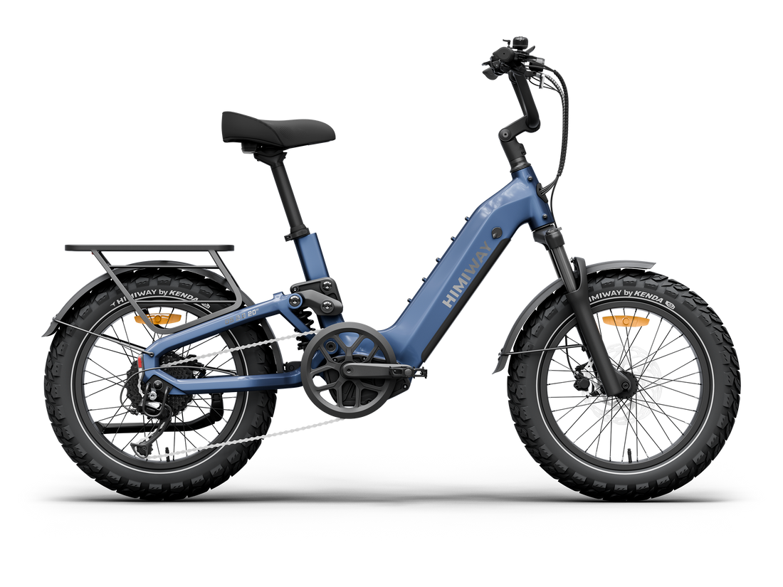 Himiway D5 2.0 20" full suspension fat tire electric bike in Midnight Blue, left side view.