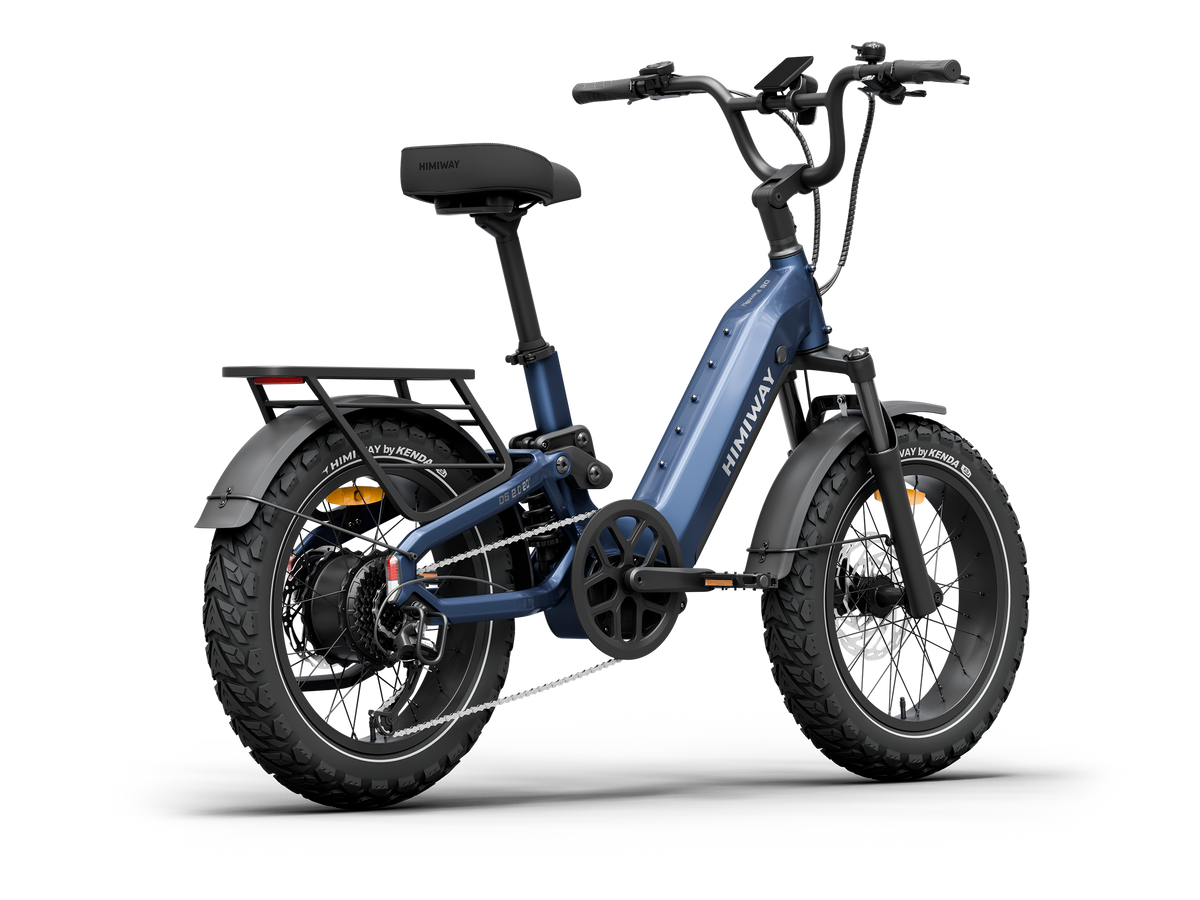 Himiway D5 2.0 20" full suspension fat tire ebike in Midnight Blue, rear right three quarter view