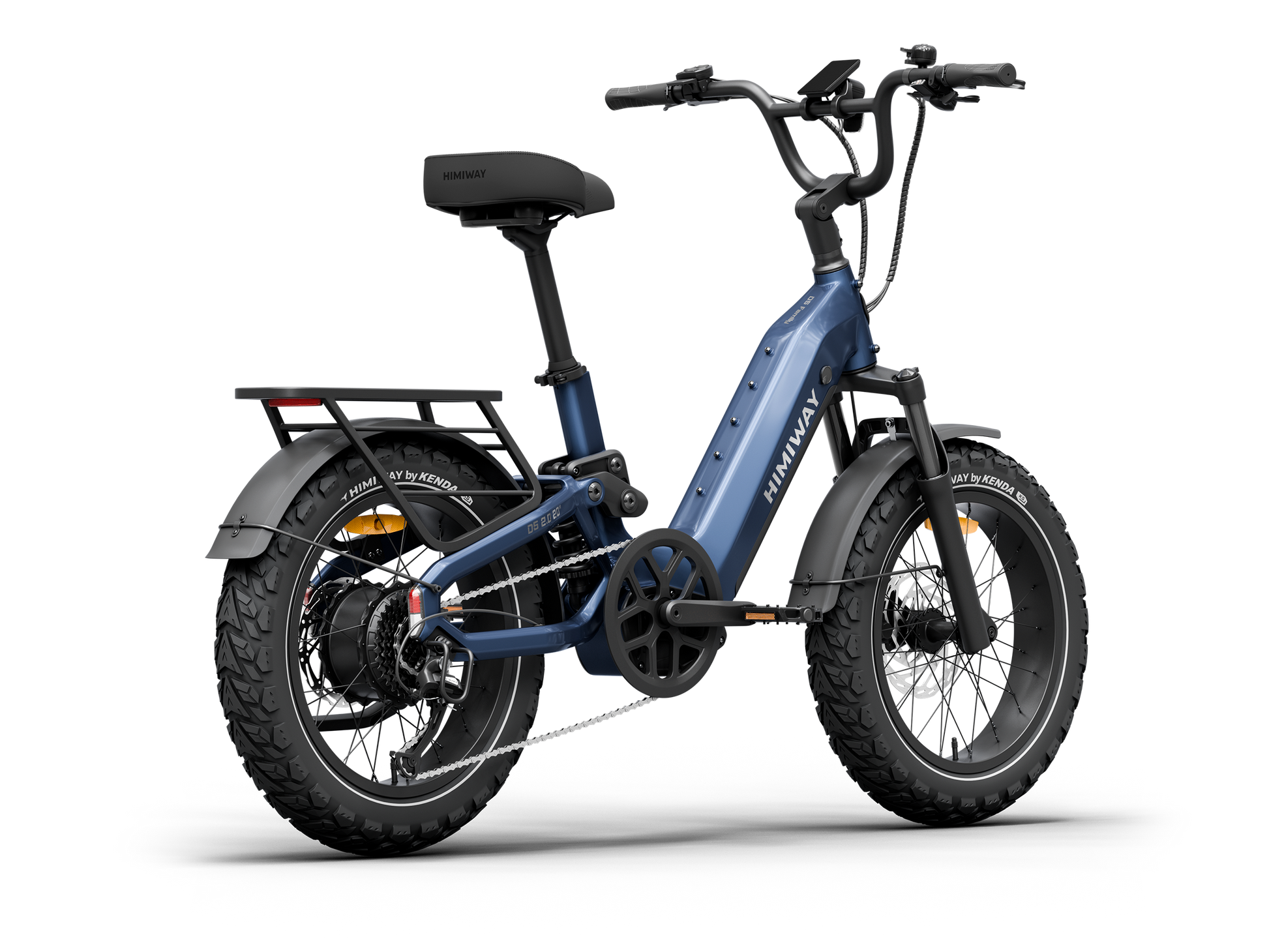 Himiway D5 2.0 20" full suspension fat tire electric bike in Midnight Blue, rear right three quarter view